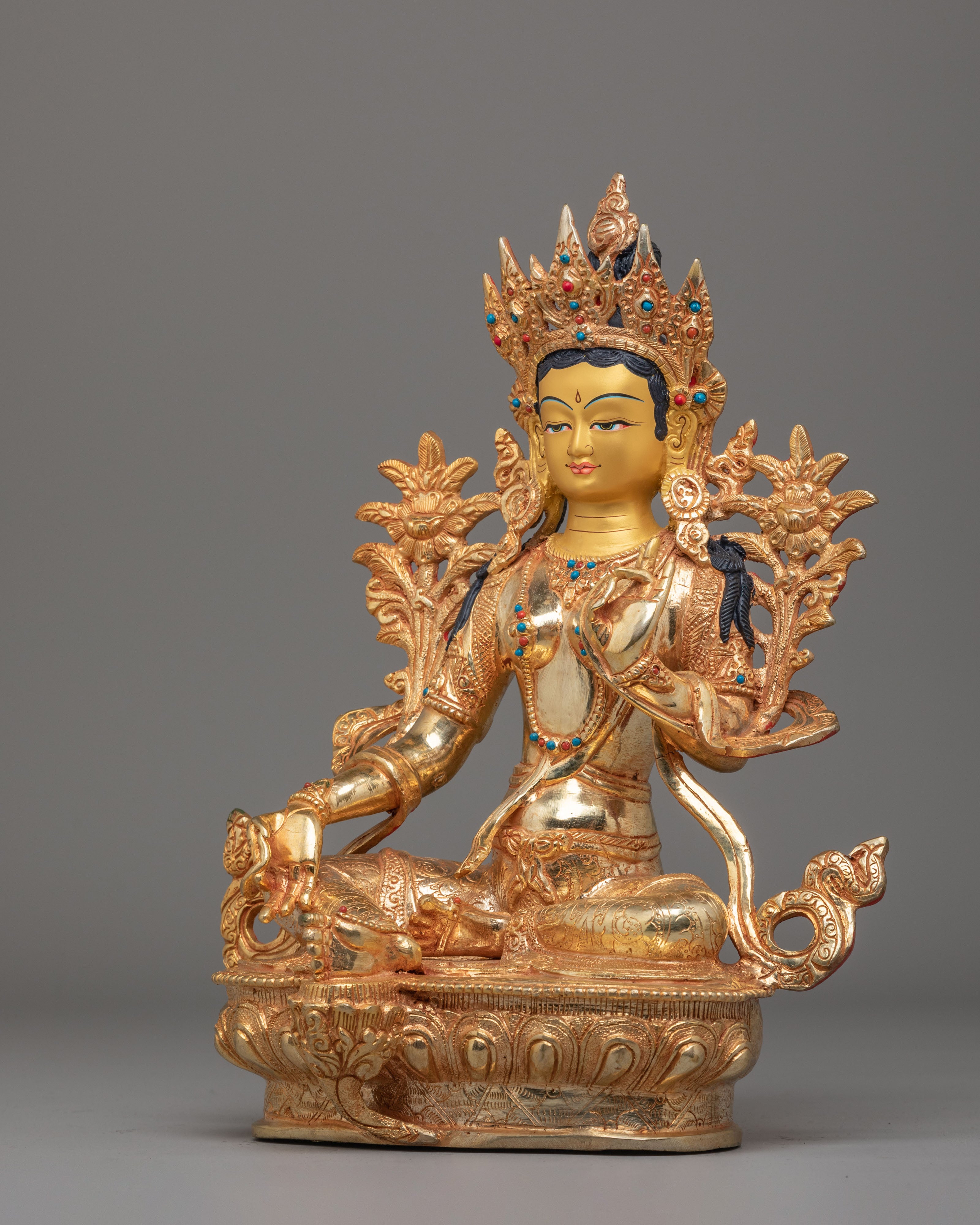 Sacred Green Tara Sculpture | Copper Body with 24K Gold Plating and Gemstones