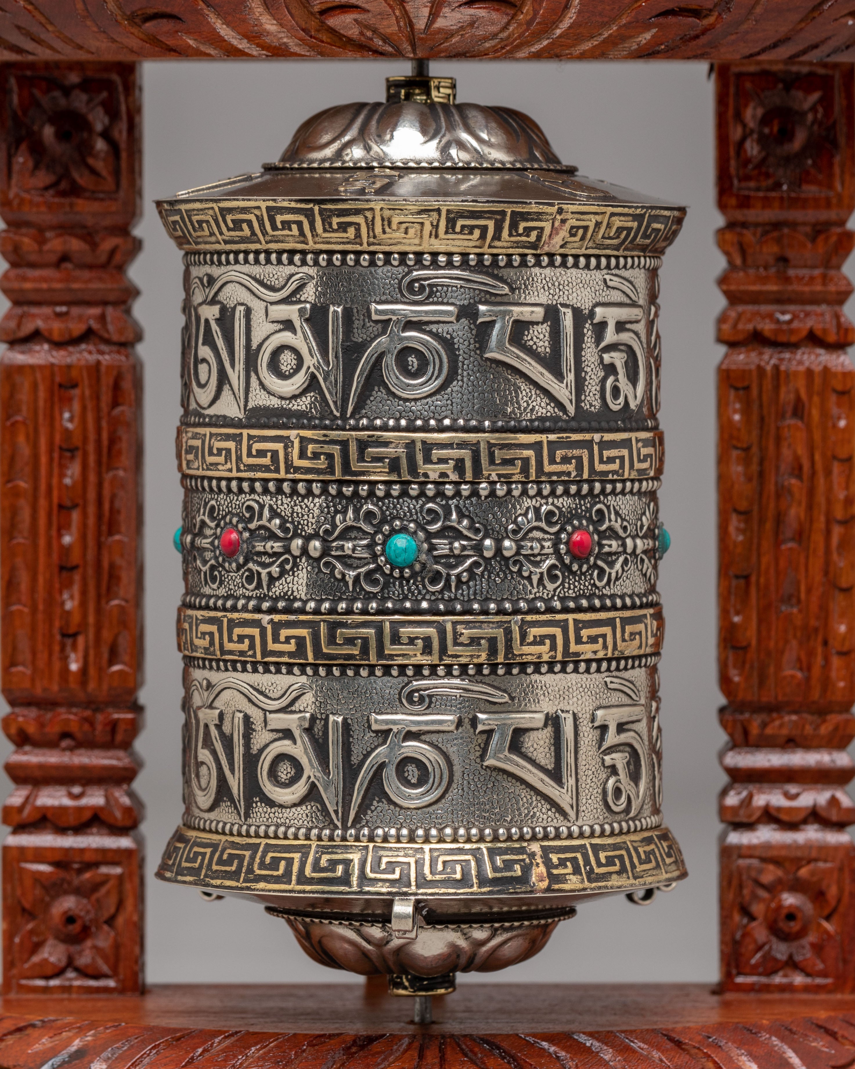 Decorative Prayer Wheel With Stand | Handcrafted Mantra Spinning Wheel
