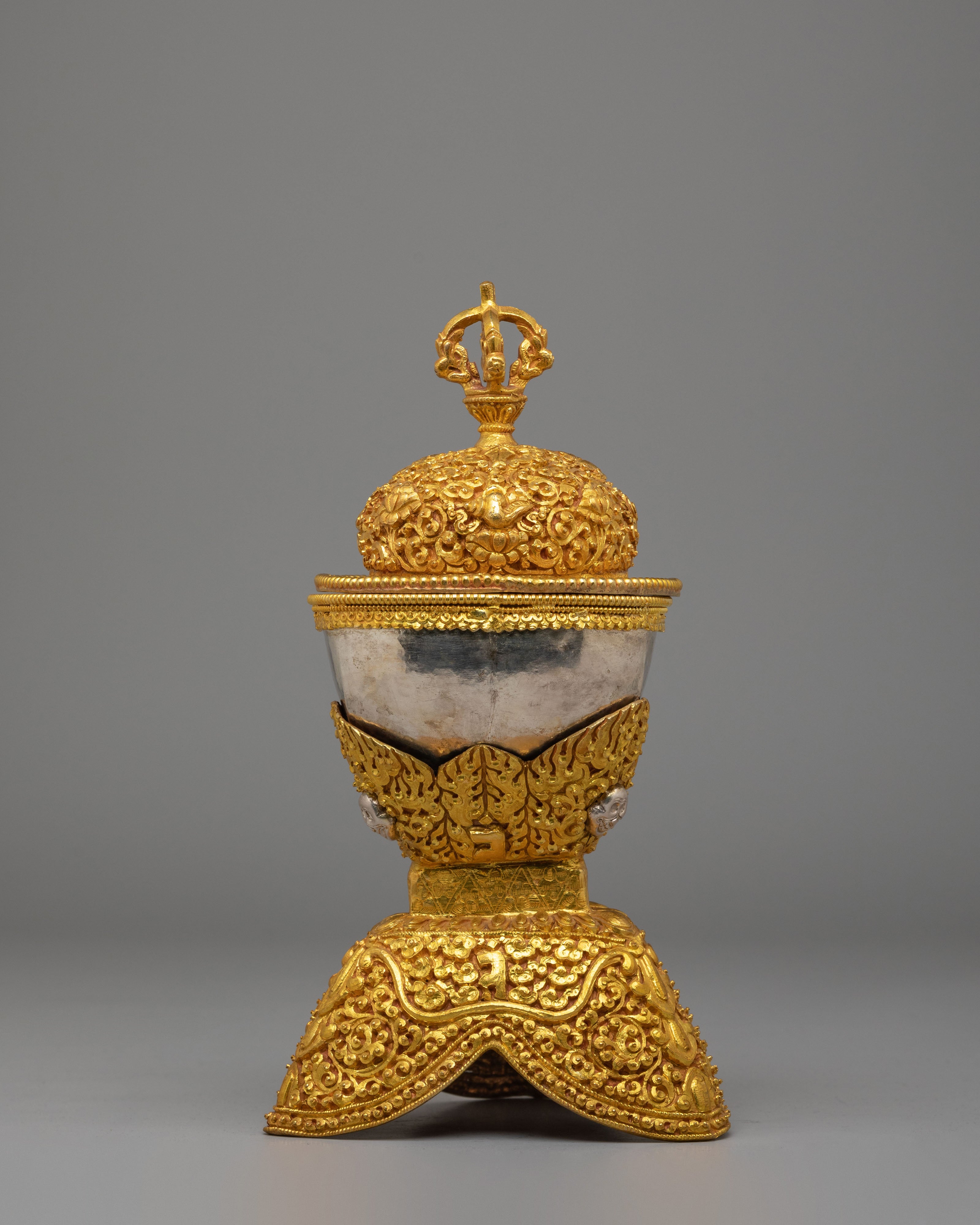 Tibetan Ritual Skull Cups for Altar | Gold and Silver Plated Kapala Set