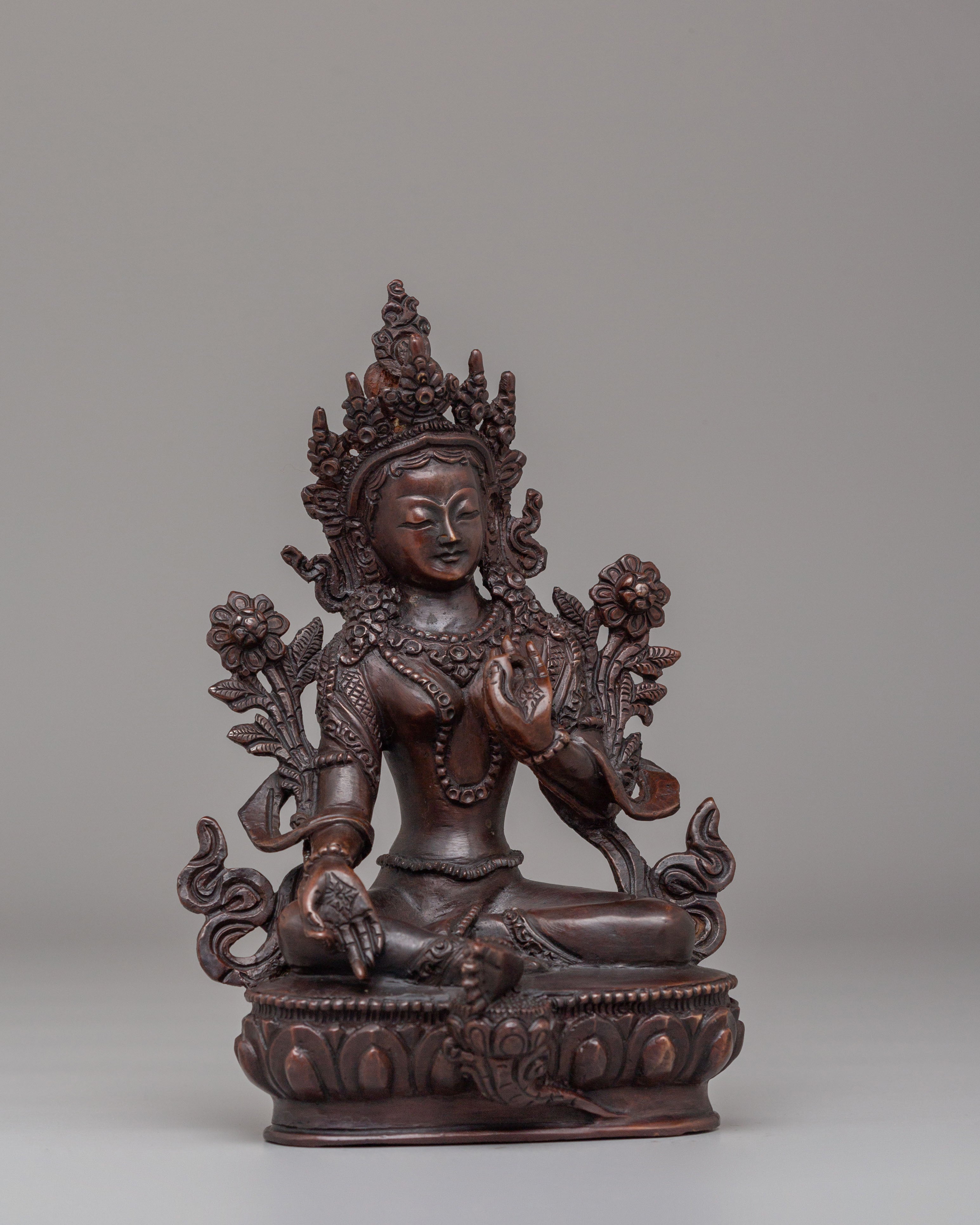 Sacred Green Tara Deity Statue | Handcrafted Oxidized Copper Figure