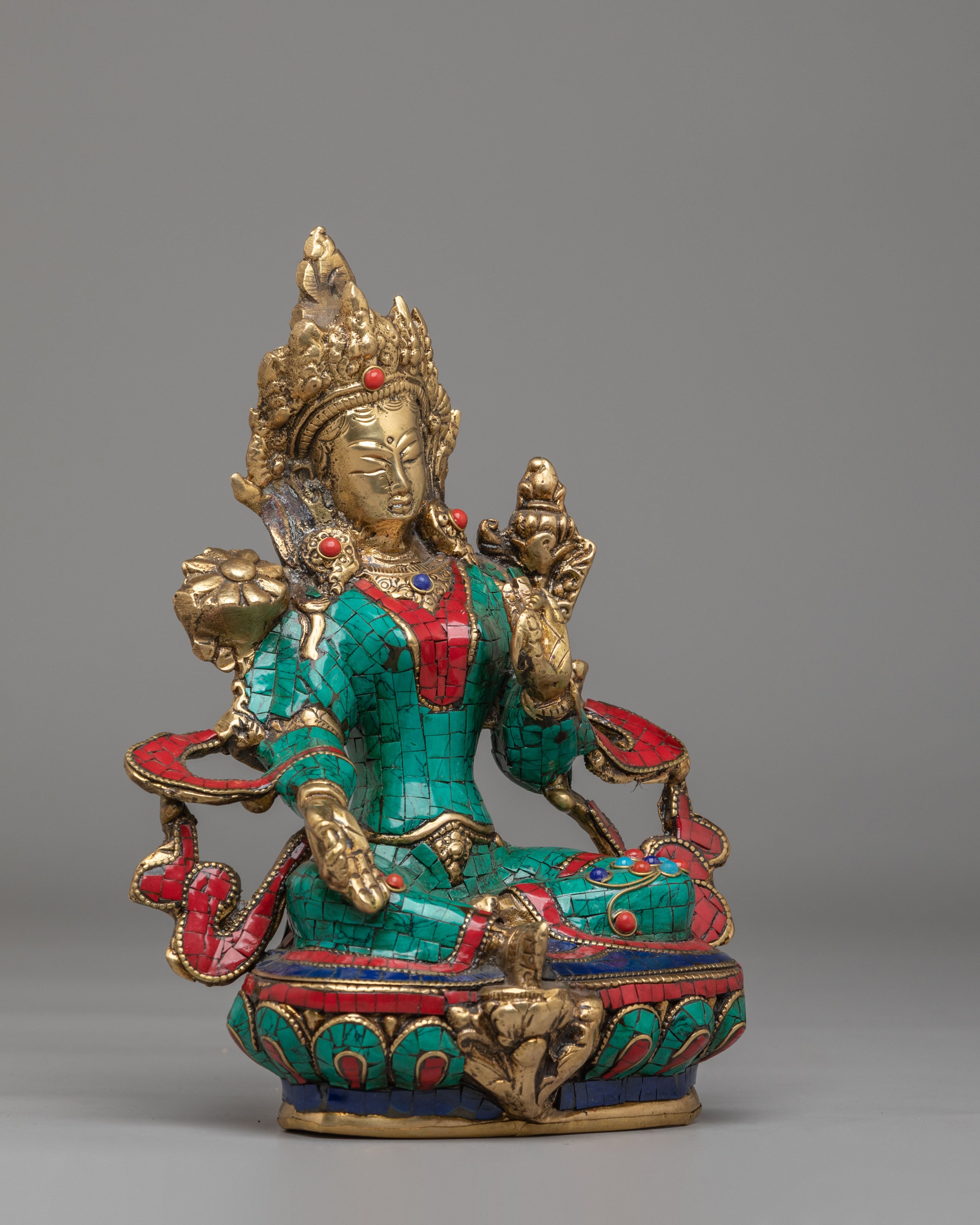 Spiritual Green Tara Buddhist Deity Statue | Tibetan Tara with Turquoise Inlay