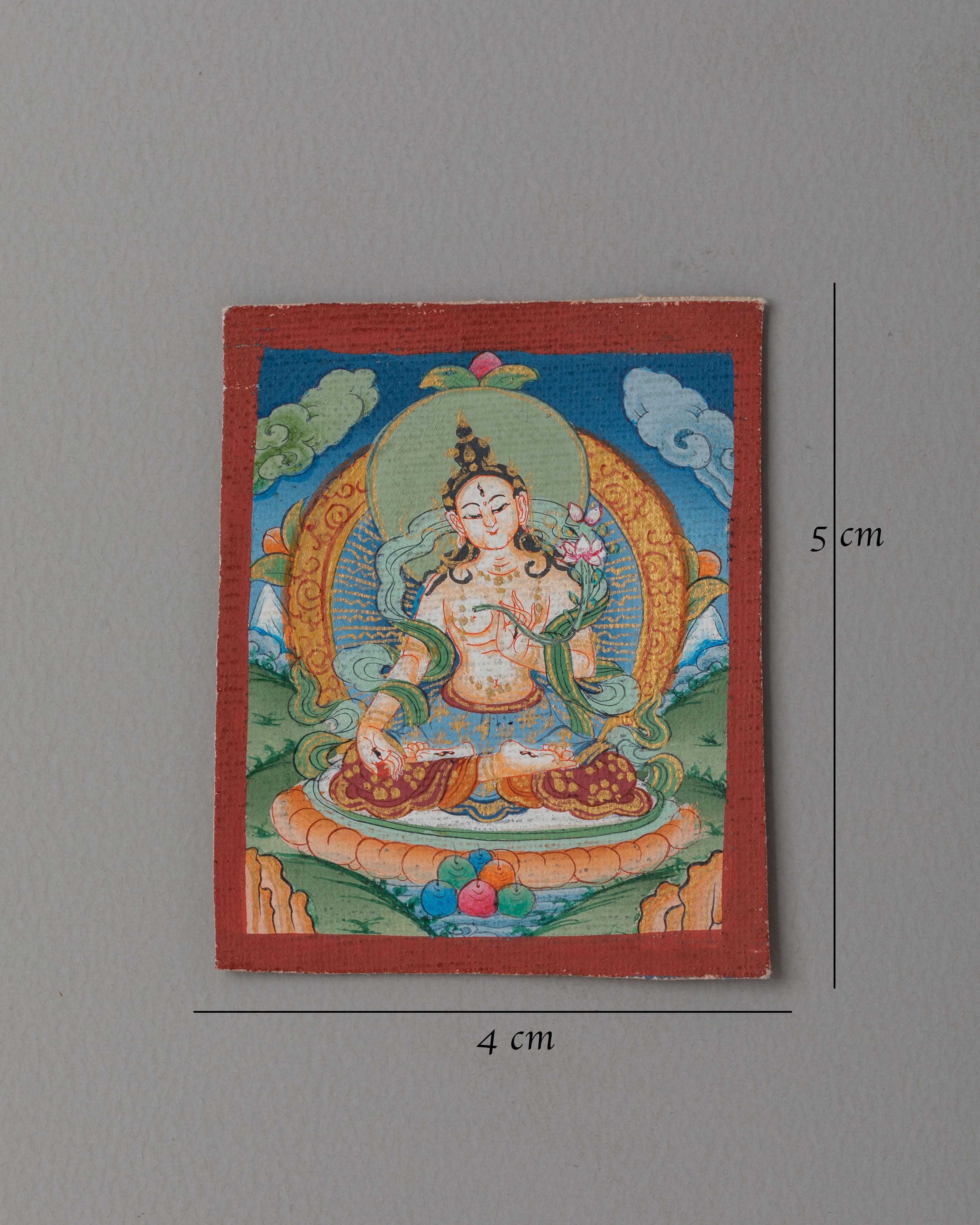 Handpainted White Tara Thangka for Locket | 24K Gold and Acrylic Art on Cotton Canvas