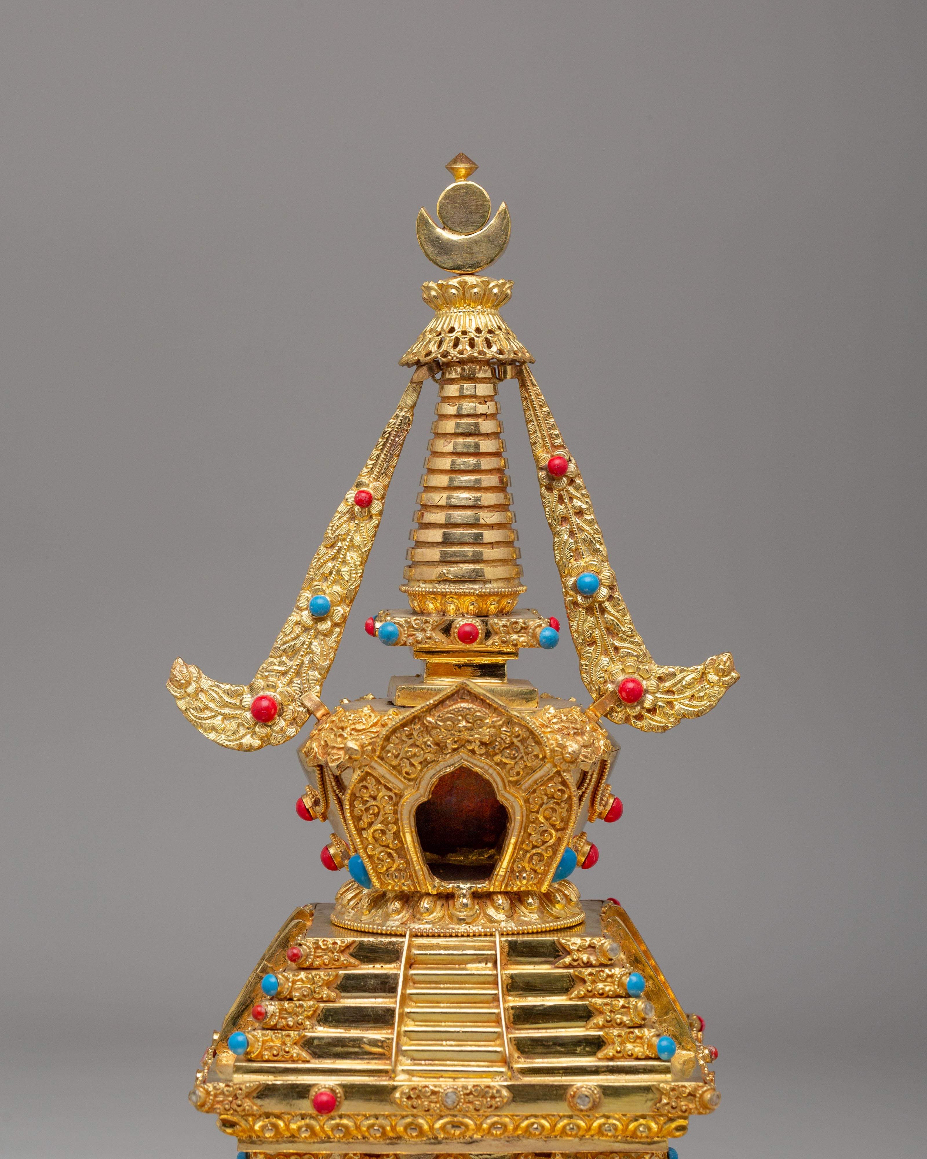Traditional Descent From Heaven Stupa | 22K Gold Copper Tibetan Stupa