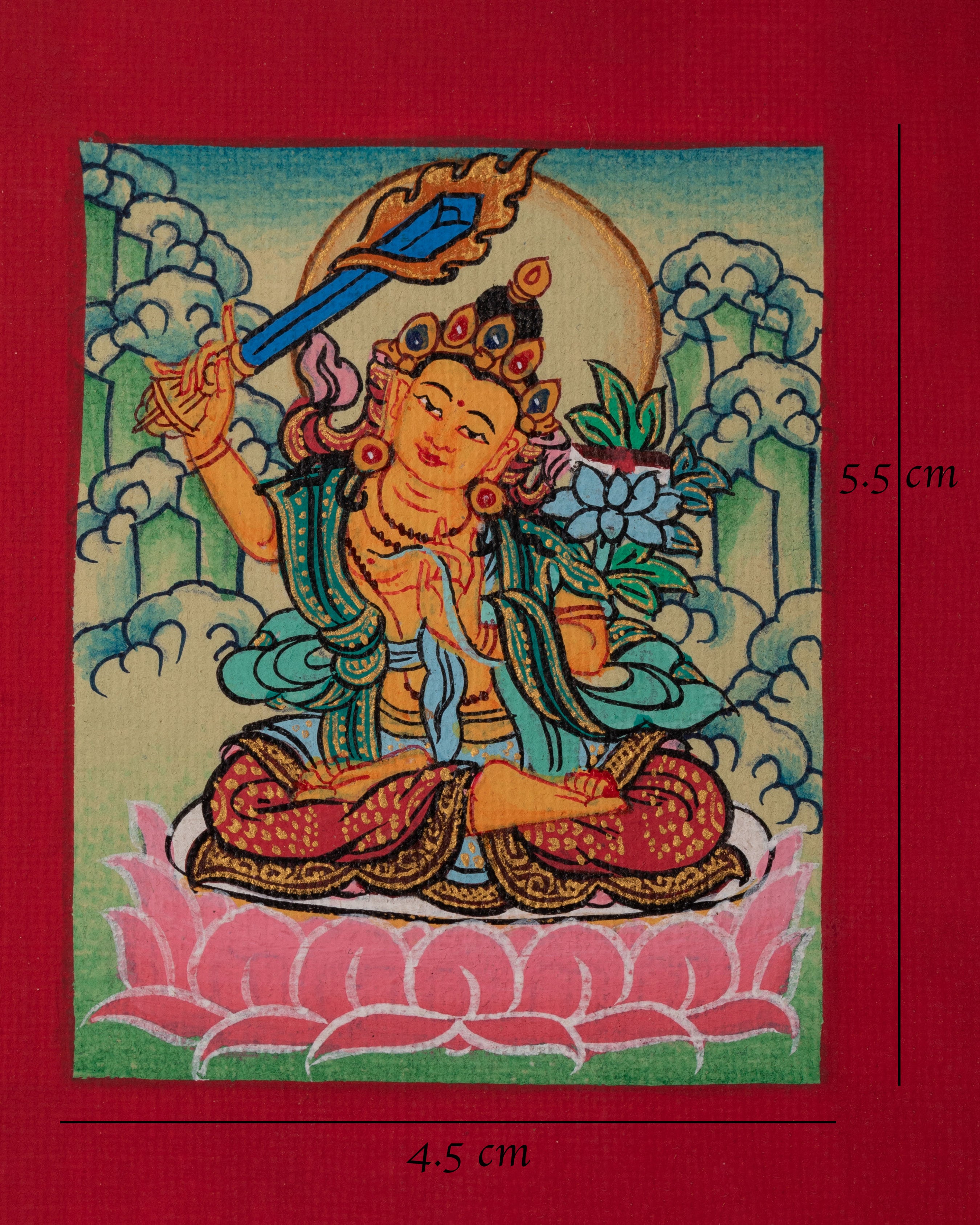 Traditional Manjushri Thangka for Locket | Miniature Buddhist Deity Artwork