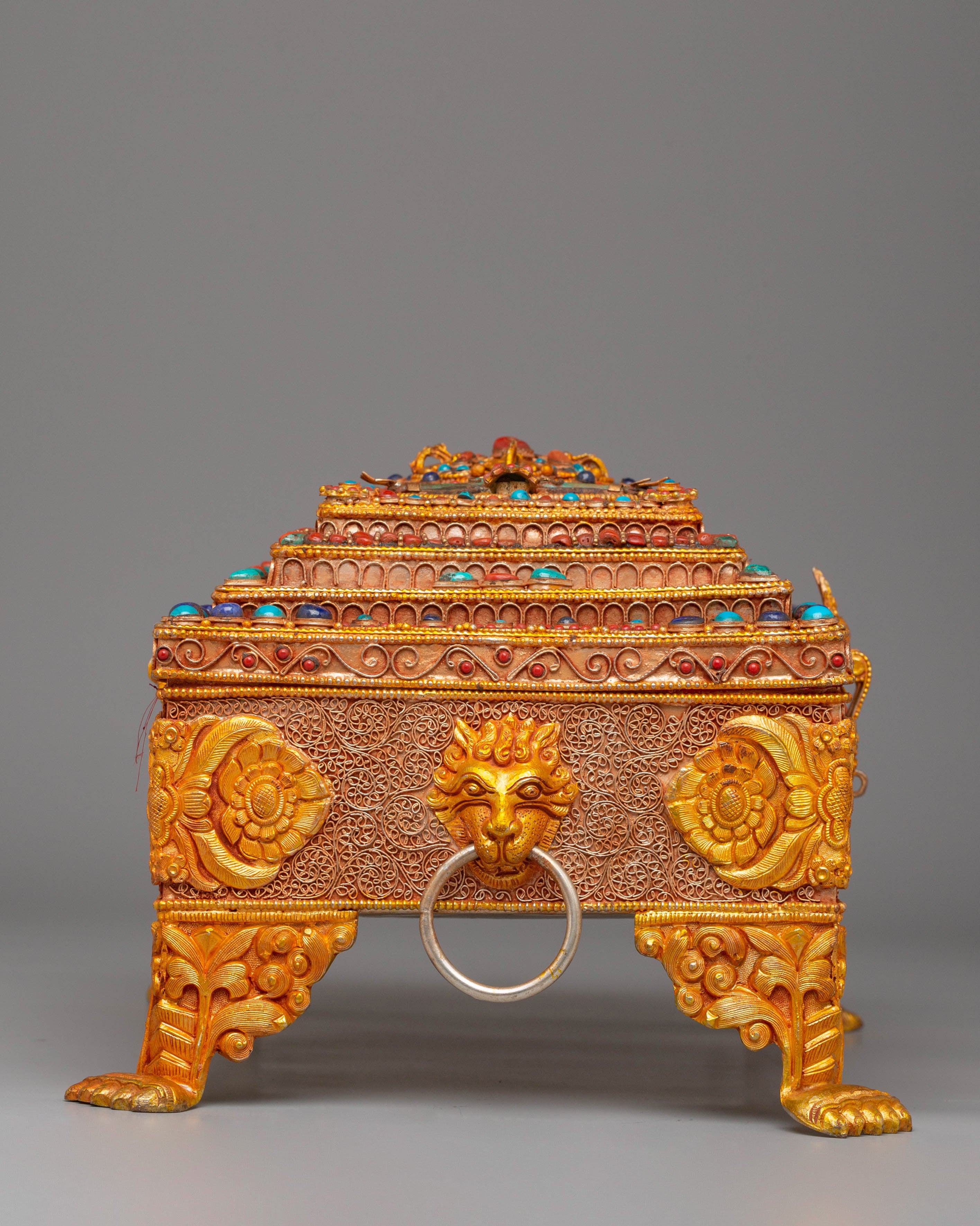 Electro Gold Plated Copper Treasure Box | Tibetan Altar Decor
