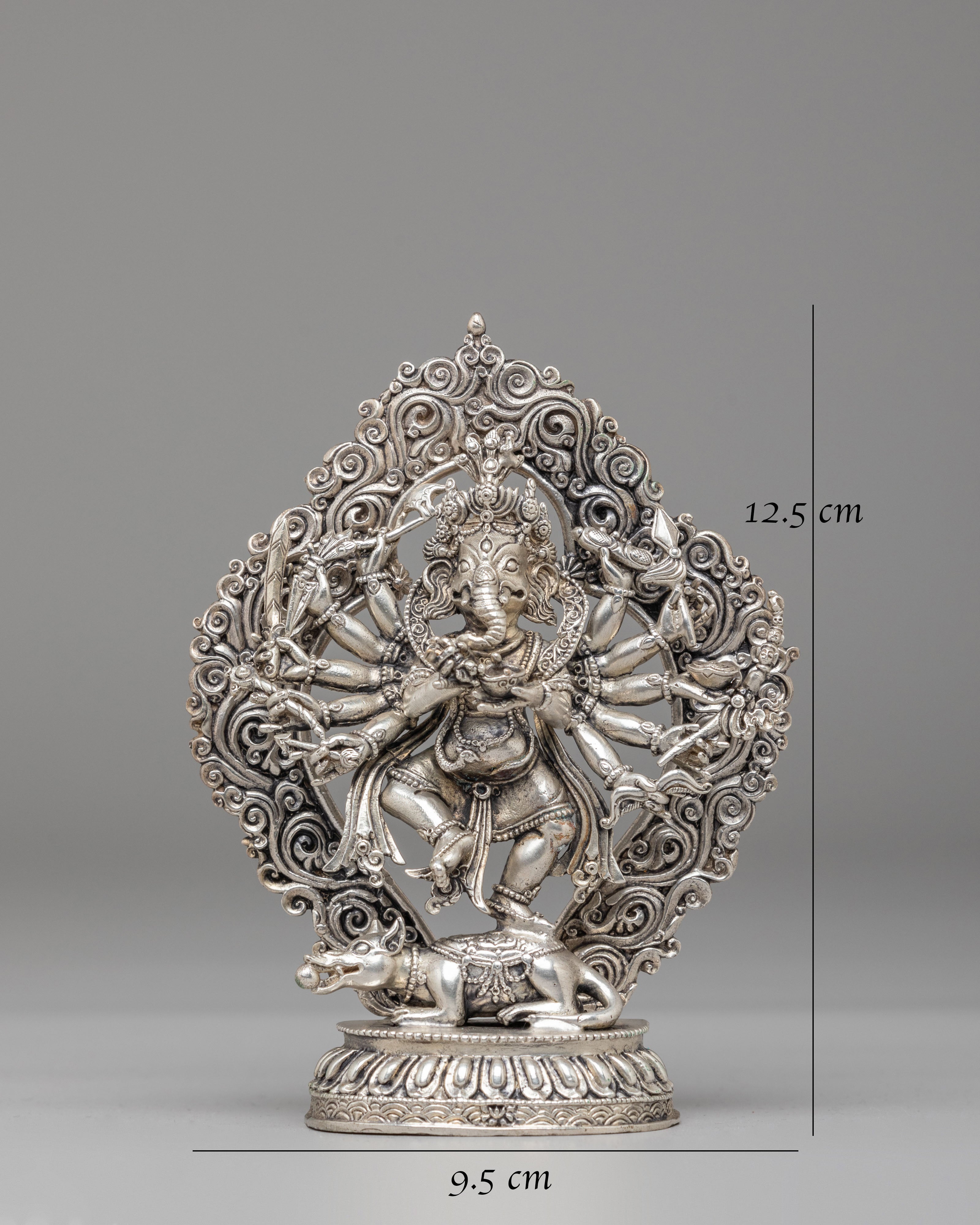 12-Armed Maha Rakta Ganesh Statue | Machine Made Silver Plated Hindu Deity