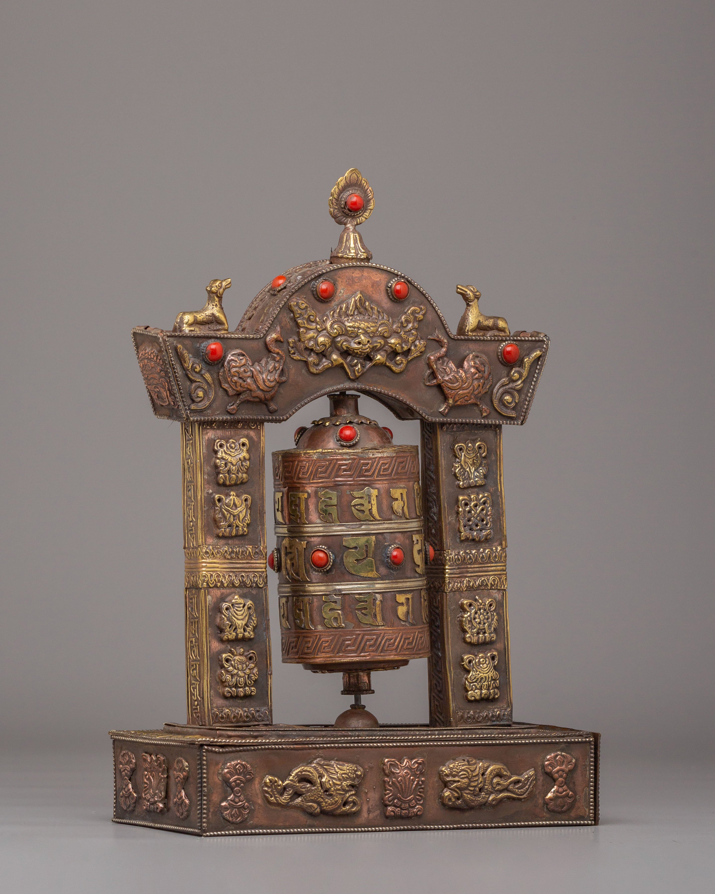 Traditional Mantra Prayer Wheel | Tibetan Copper Body with Gemstones