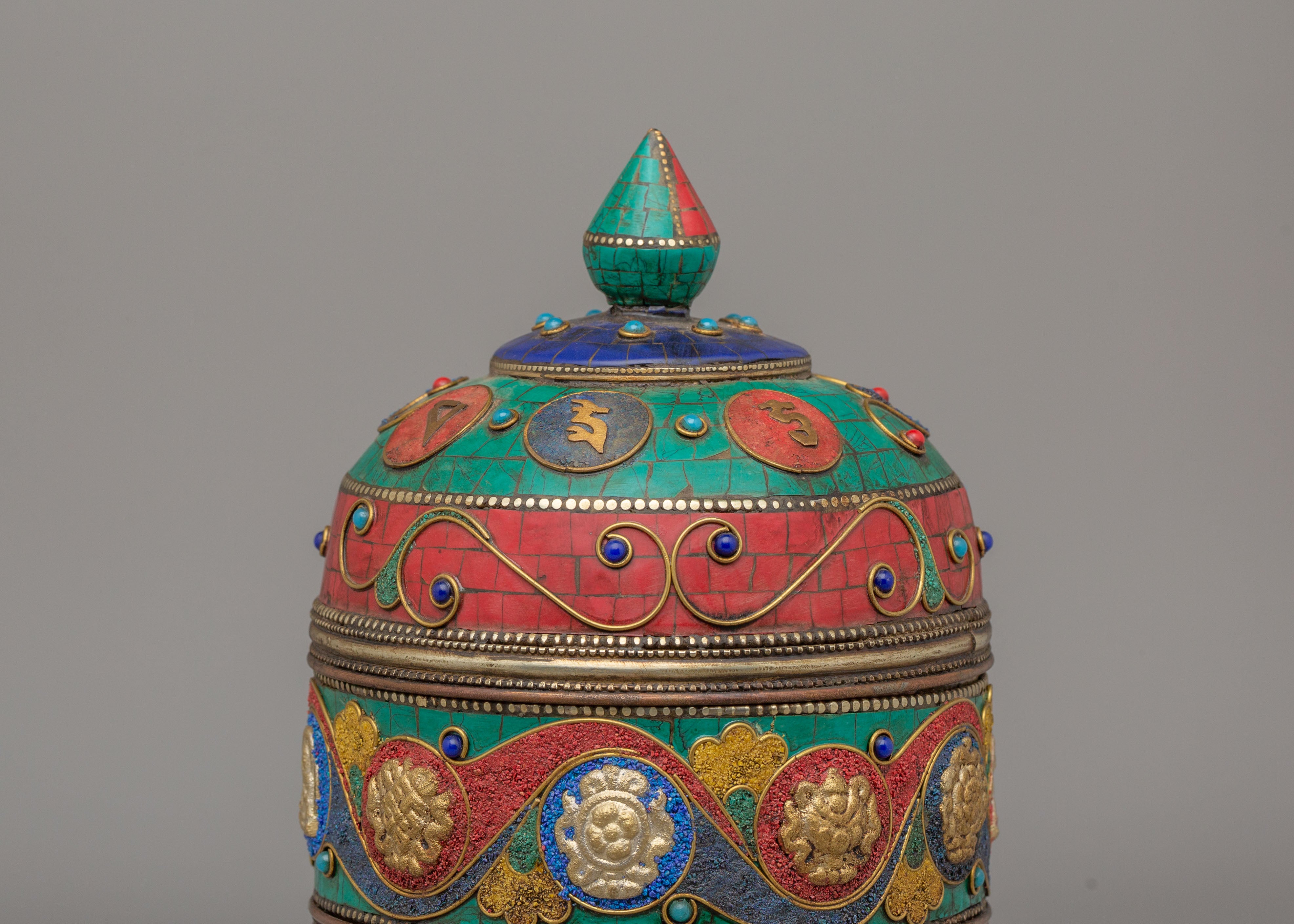 Handmade Blessing Prayer Wheel | Shakyamuni Buddha and Auspicious Symbol Design