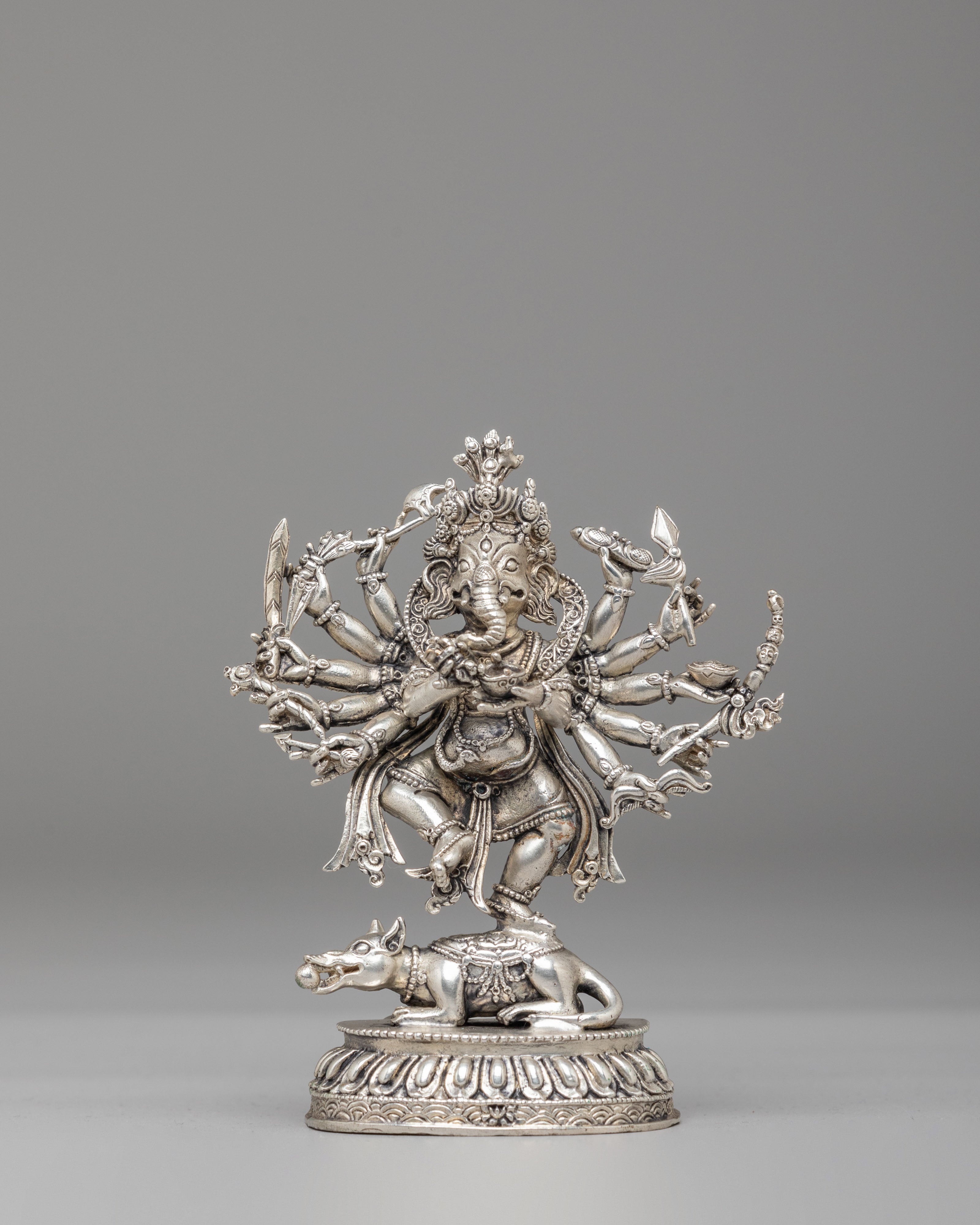 12-Armed Maha Rakta Ganesh Statue | Machine Made Silver Plated Hindu Deity