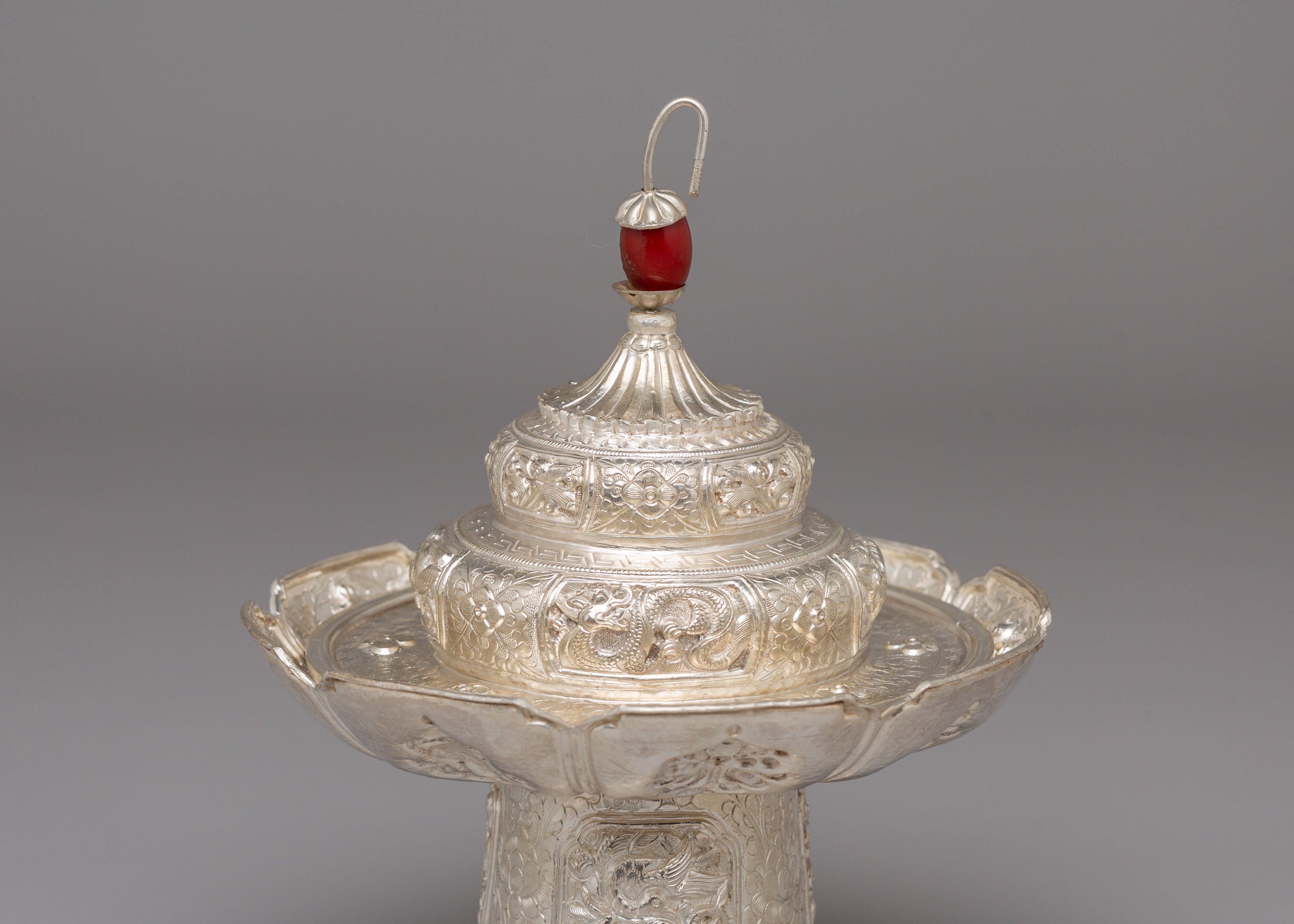 Traditional Tea Cup Cover Set | White Metal Tibetan Ritual Decor