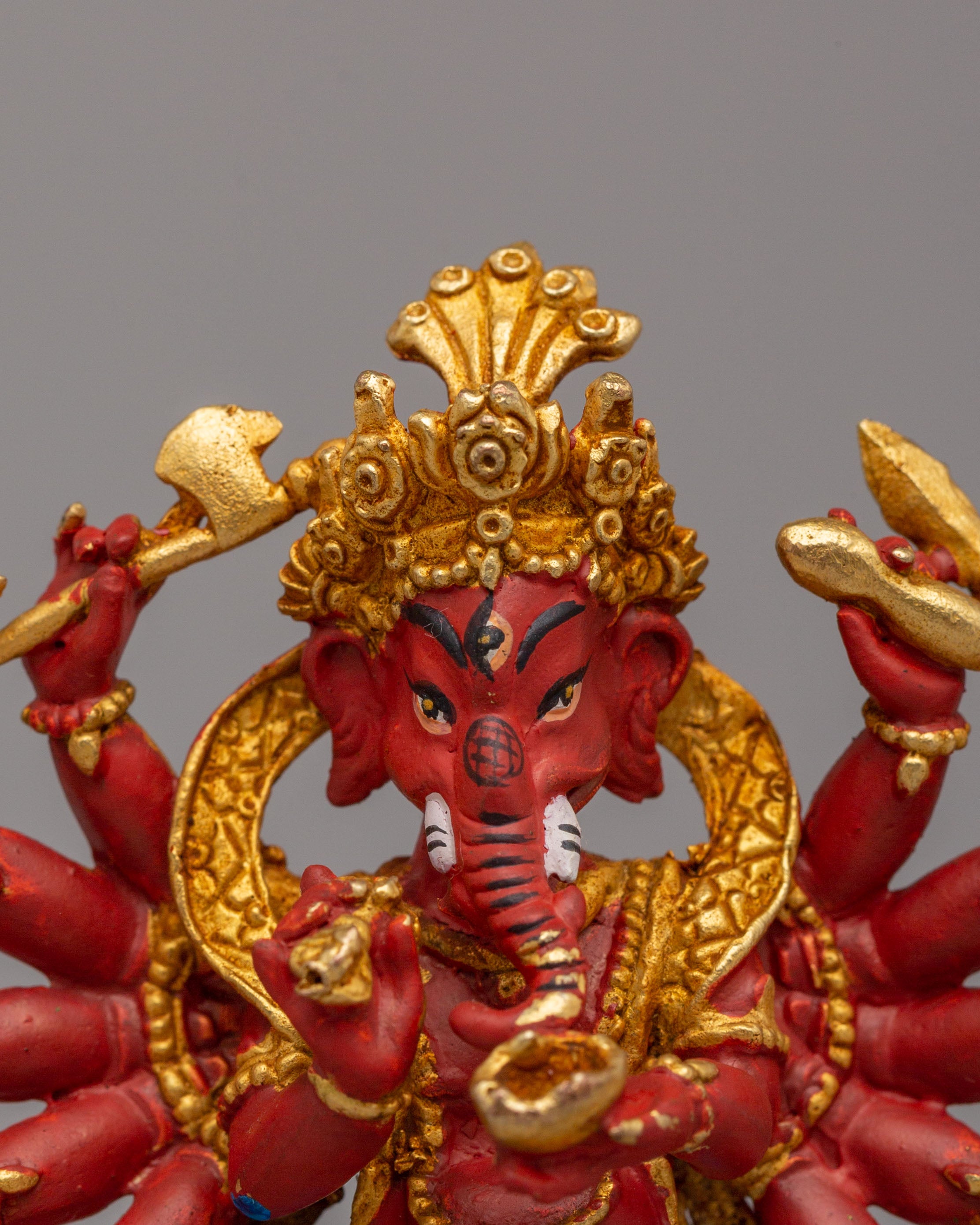 Sacred 12-Armed Maha Rakta Ganesha Statue | Multi-Armed Hindu Deity