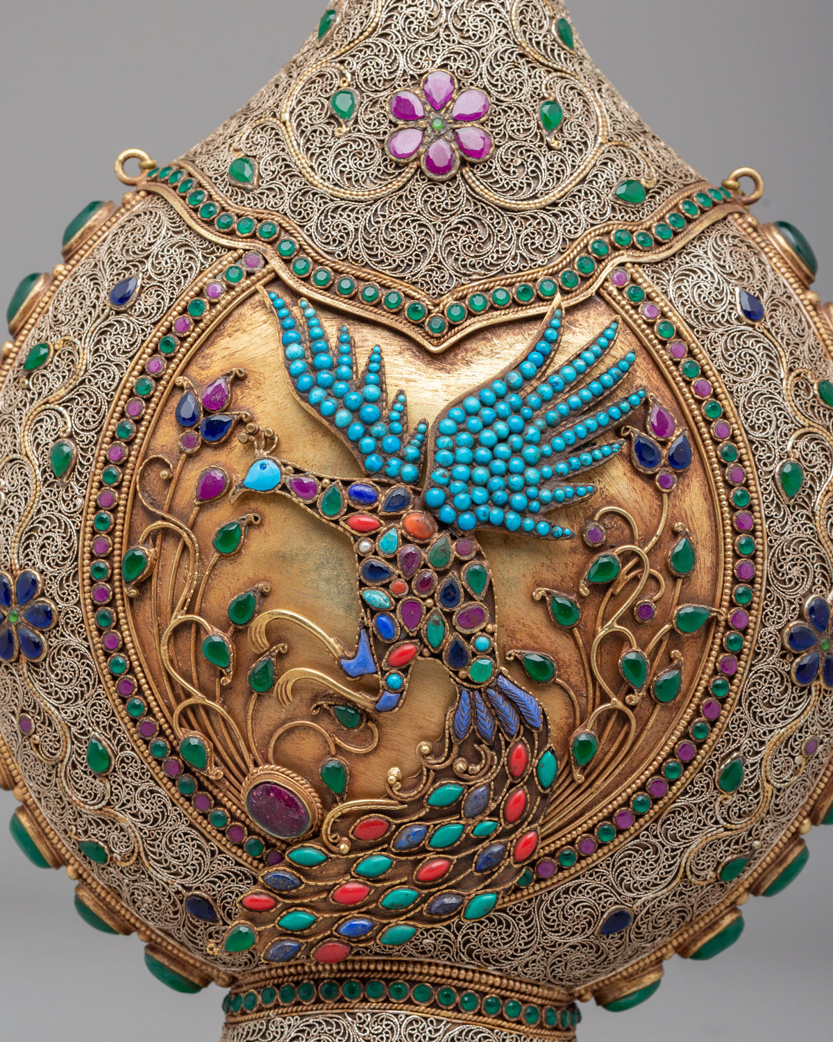 Ornate Snuffpot with Peacock and Floral Motif | Spiritual Home Decor