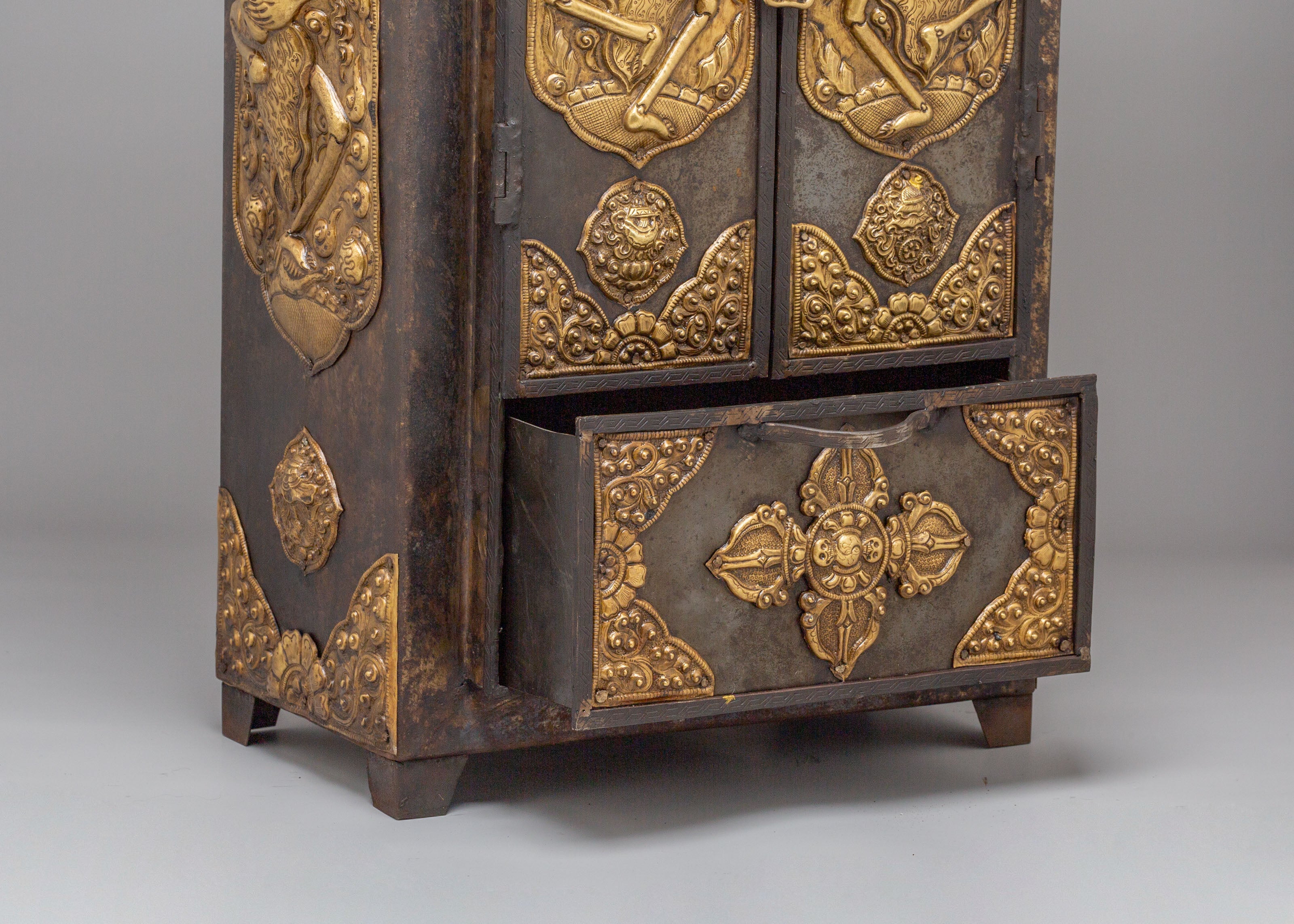 Buddhist Chitipati Altar Box | Brass and Iron Tibetan Ritual Cabinet