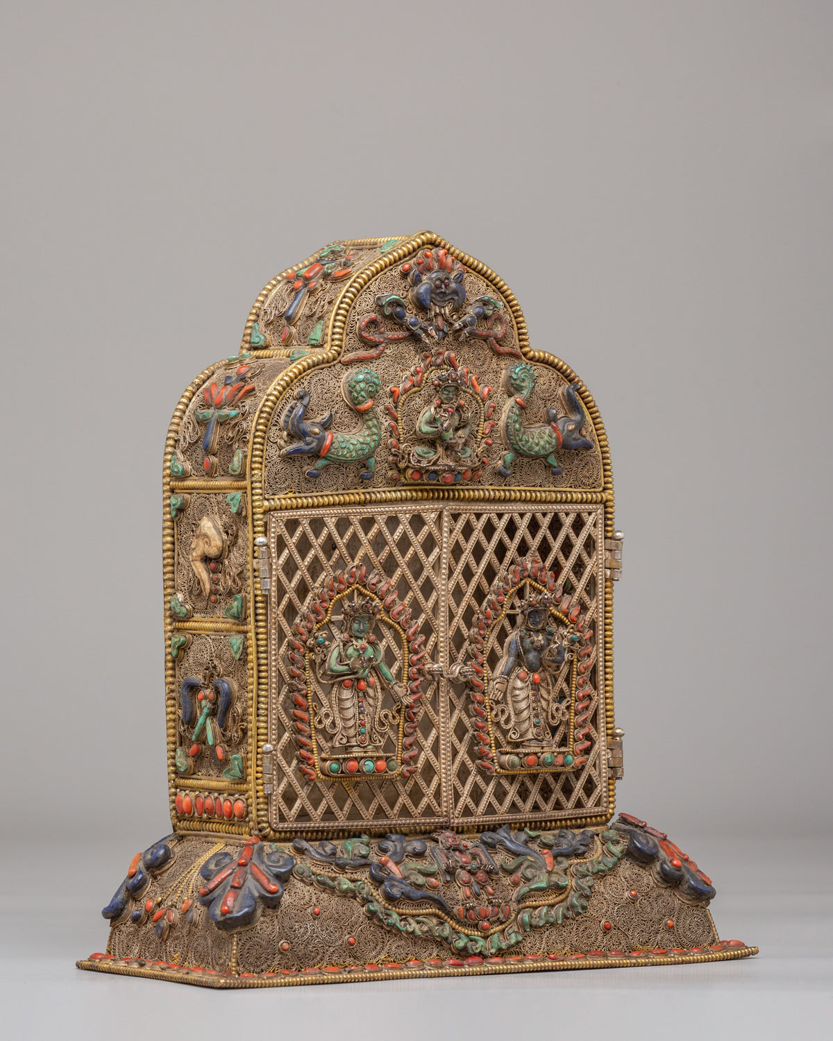 Buddhist Ghau Box with Deity Carvings | Silver Sacred Shrine