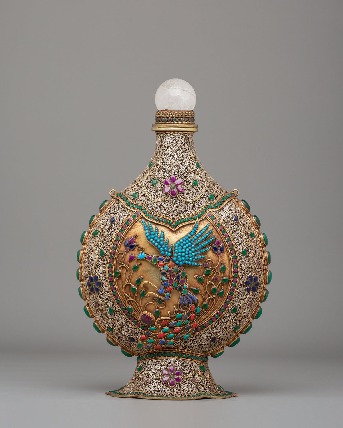 Ornate Snuffpot with Peacock and Floral Motif | Spiritual Home Decor