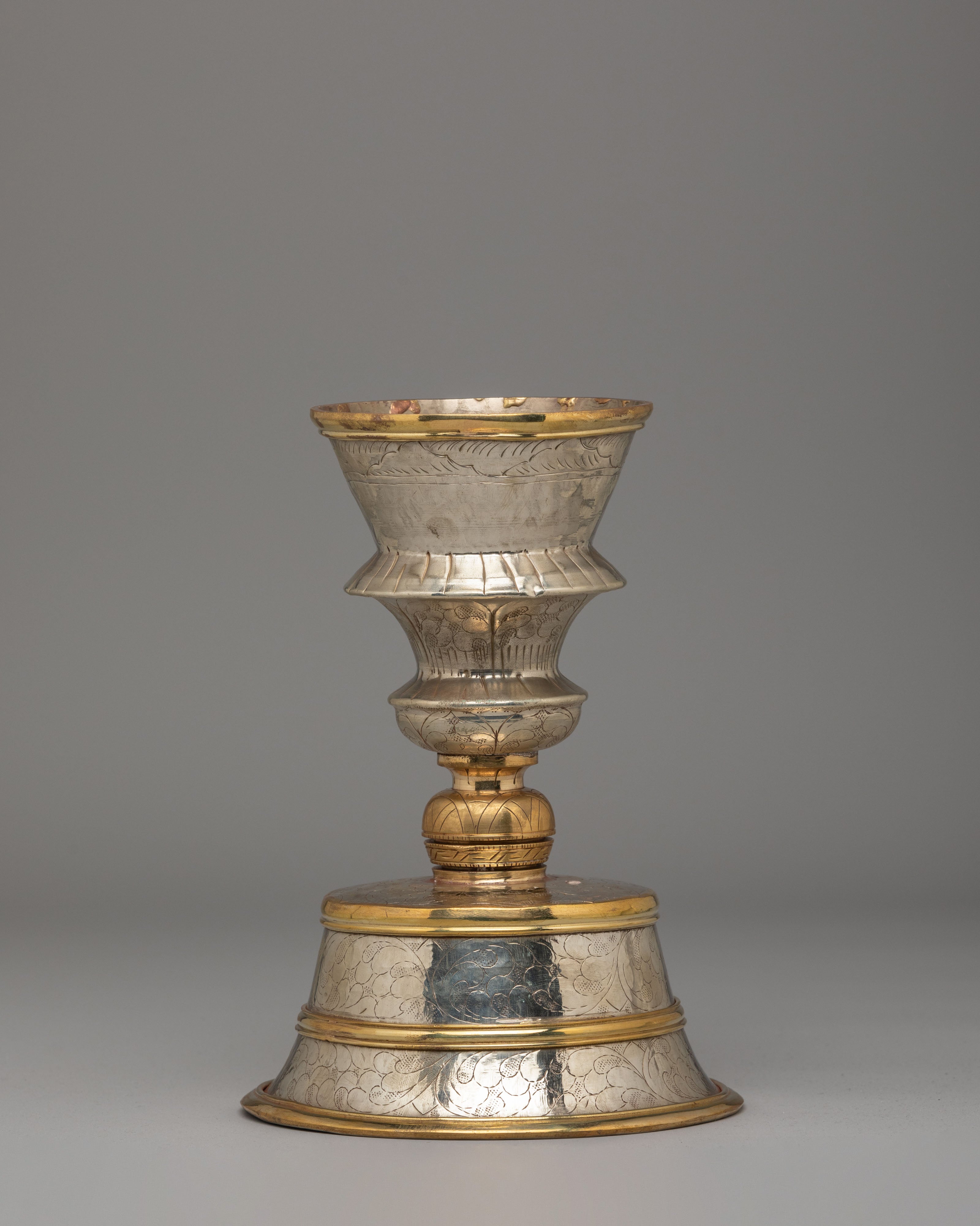 Vajrayana Altar Butter Lamp Set | Brass and White Metal Offering Lamps