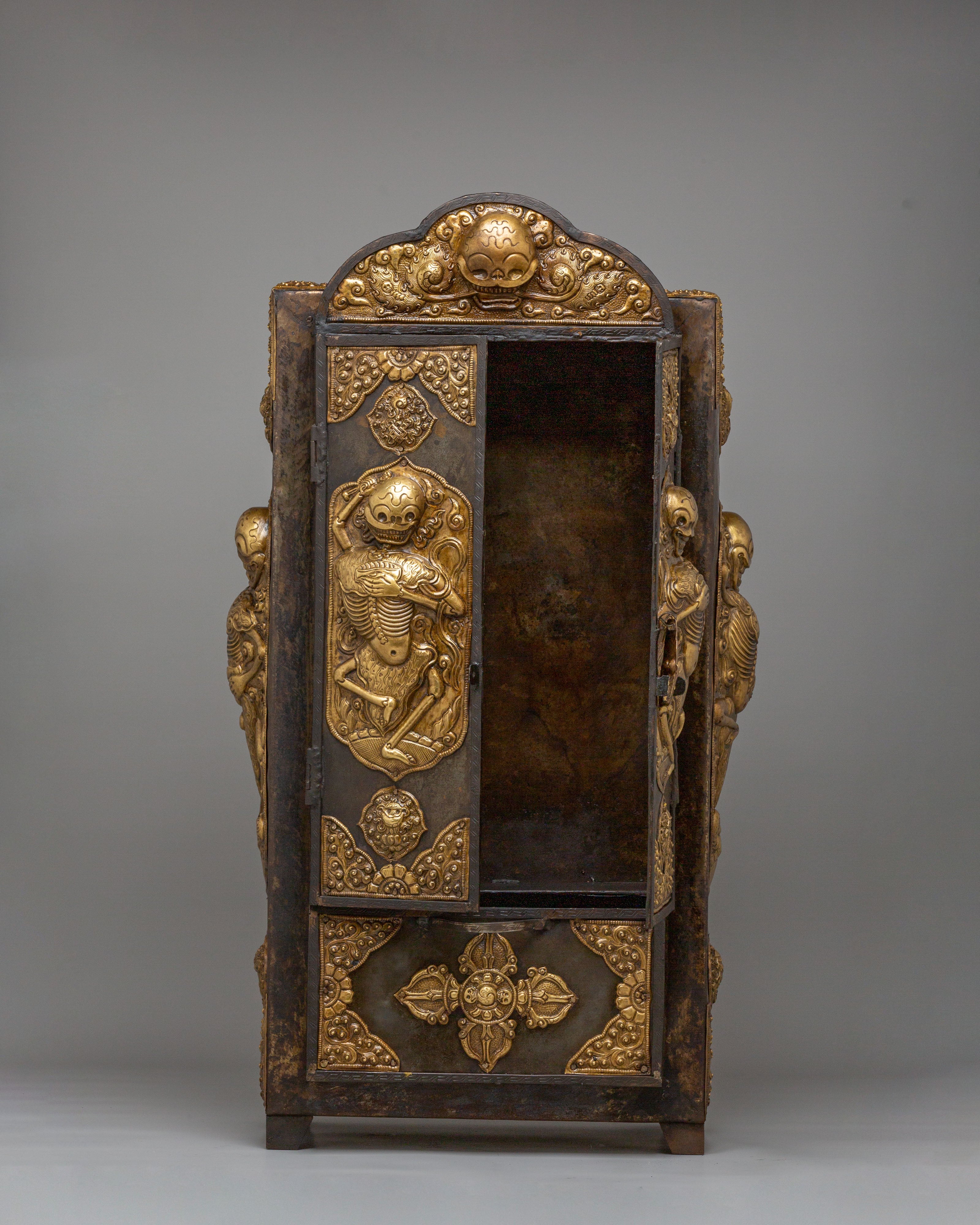 Buddhist Chitipati Altar Box | Brass and Iron Tibetan Ritual Cabinet