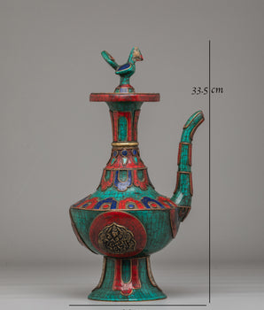Sacred Tibetan Teapot With Bird Design | Handcrafted Copper Pot