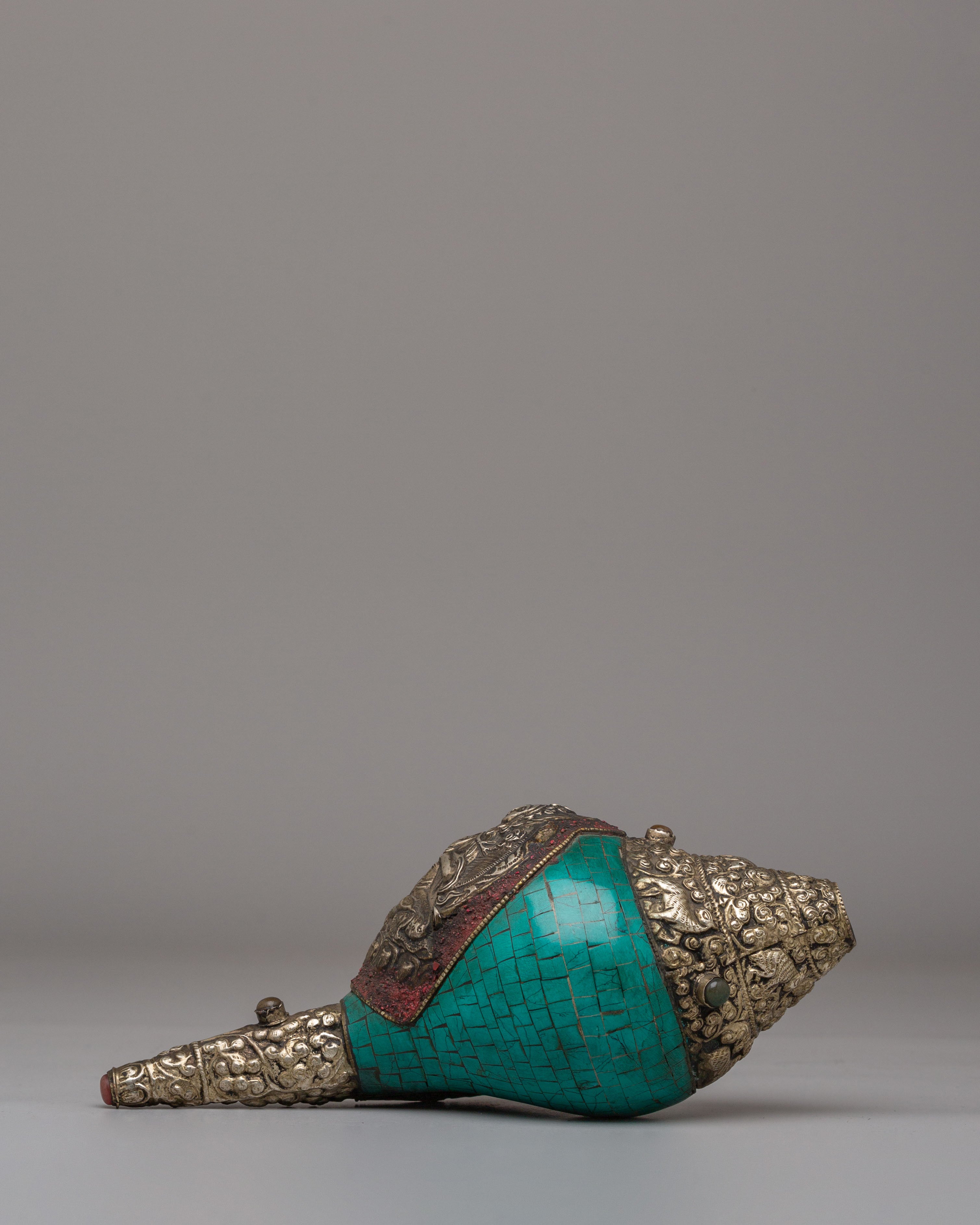 Handmade Tibetan Conch | Gemstone & Coral Inlay