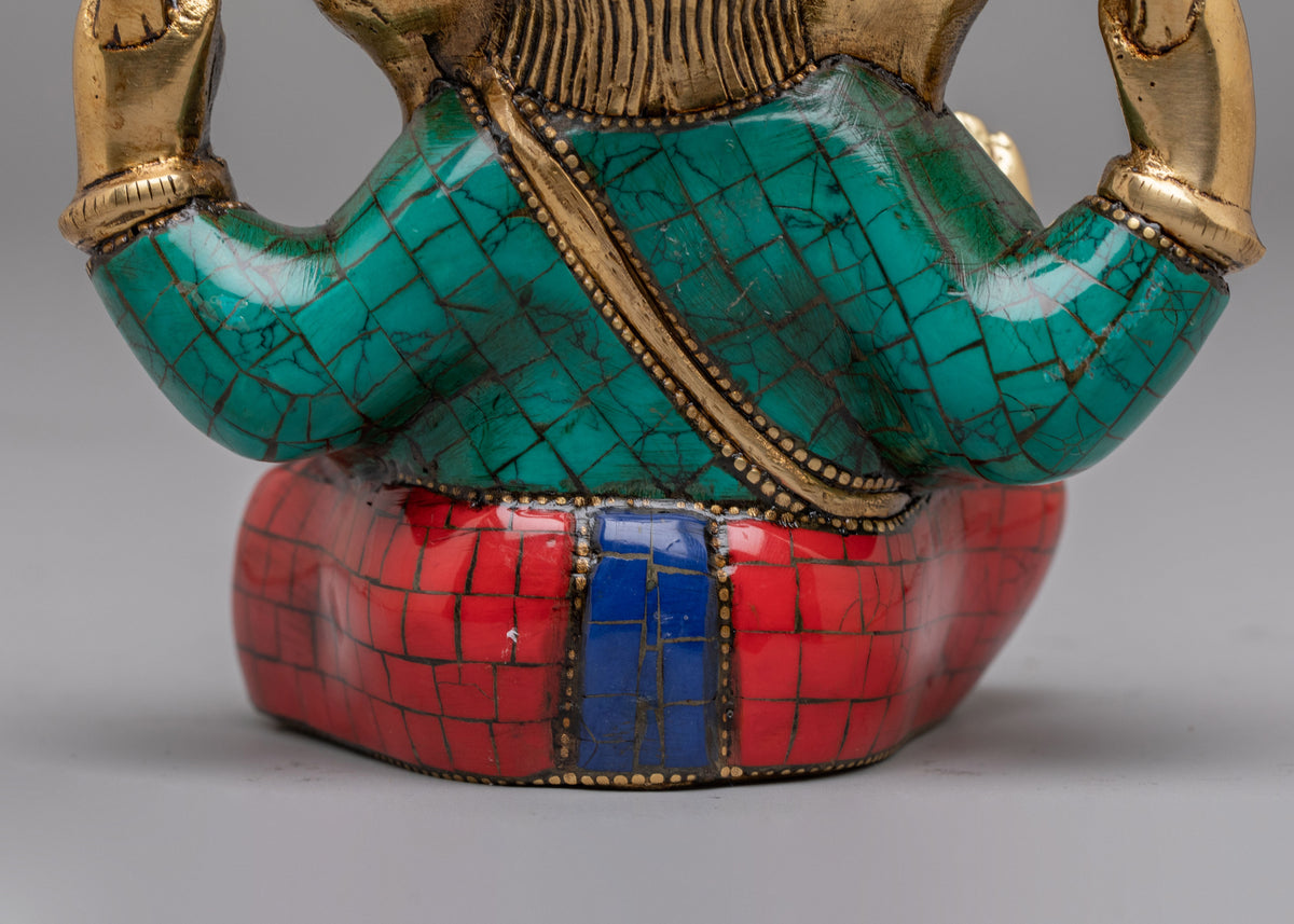 Turquoise Ganesha Statue | Handcrafted Gemstone Brass Hindu Deity Sculpture