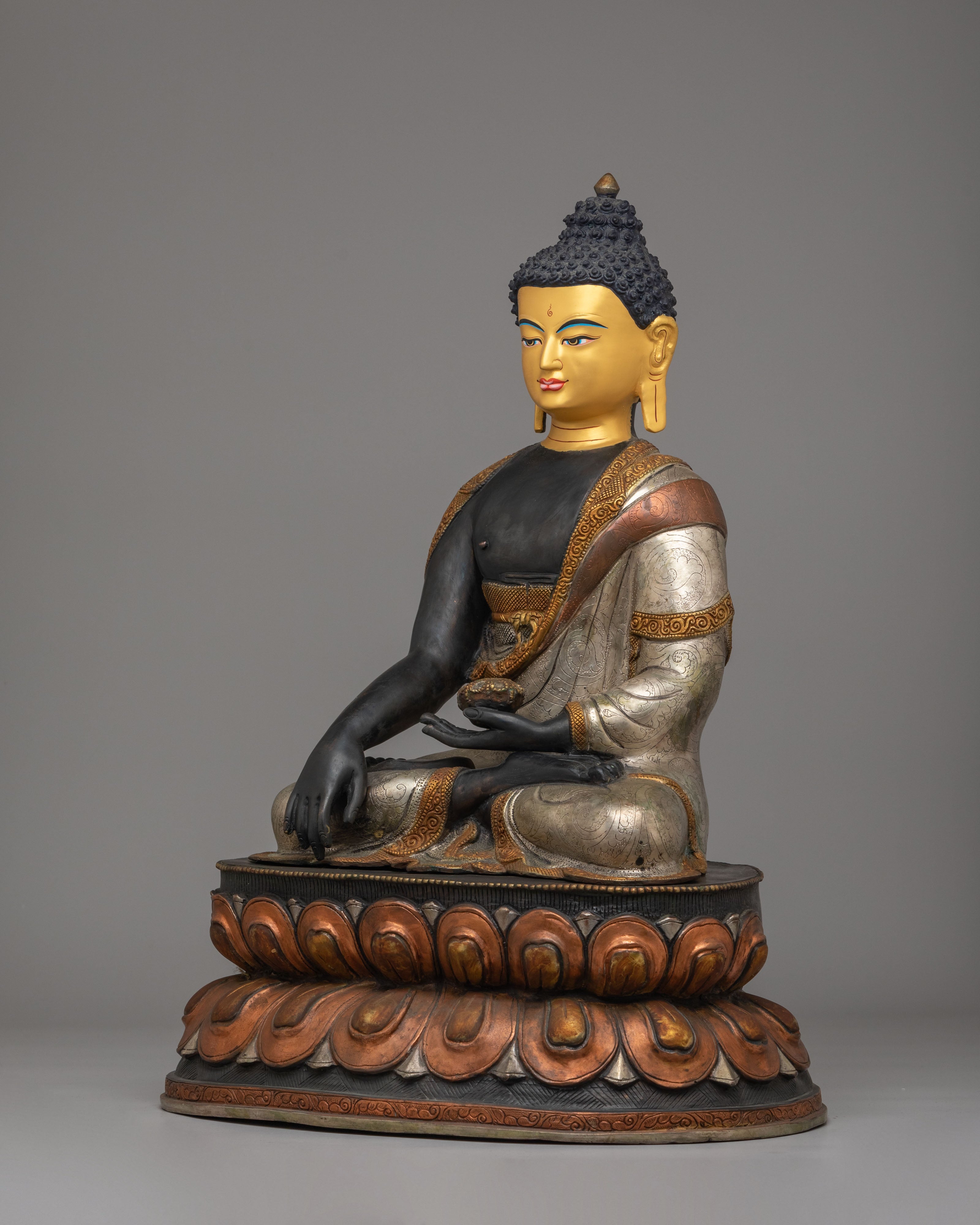 Ceremonial Shakyamuni Buddha Deity Statue | 24K Gold Plated with Silver and Acrylic
