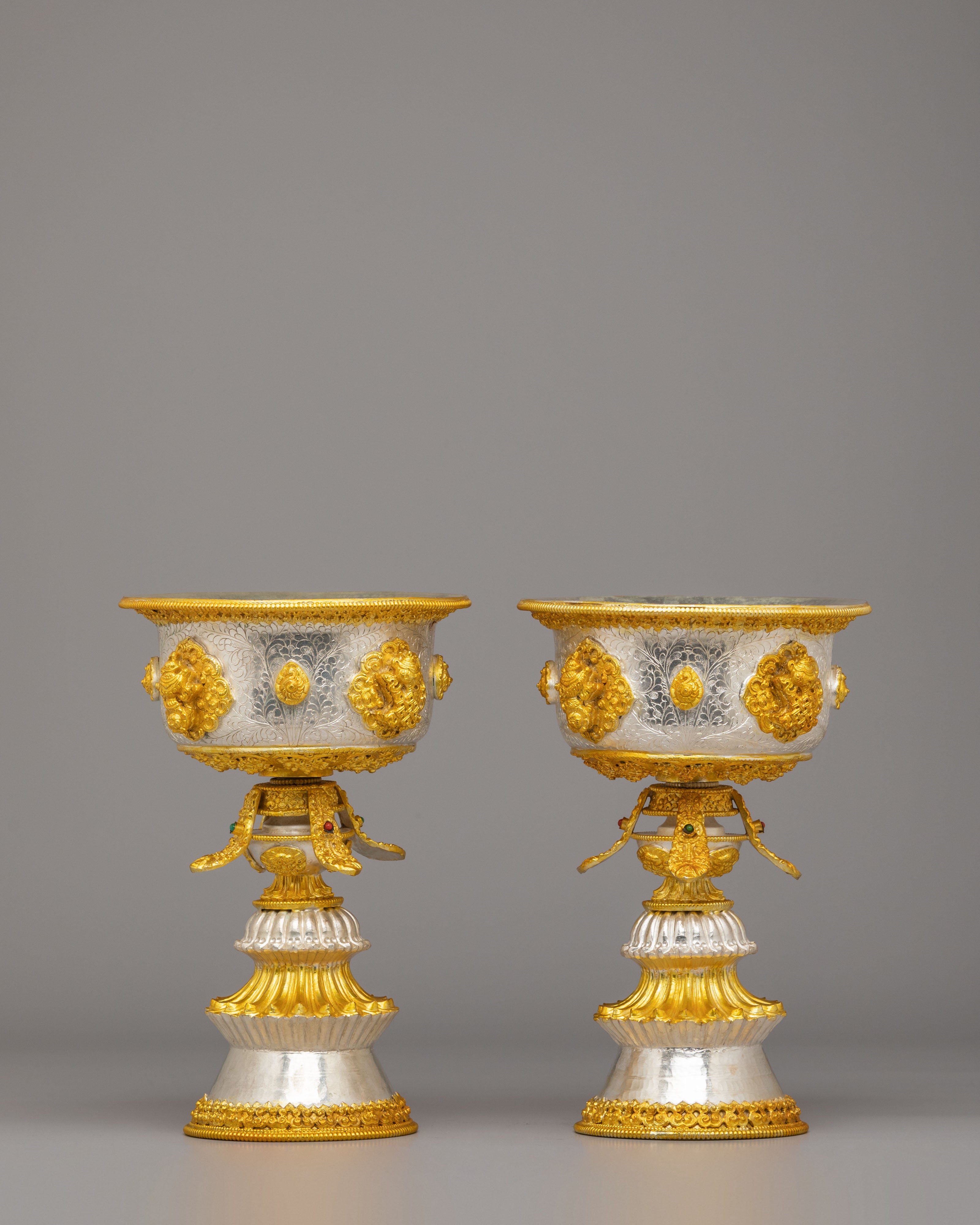 Handmade Ritual Butter Lamp Set | Silver Gold Plated Lamps for Altar Decor
