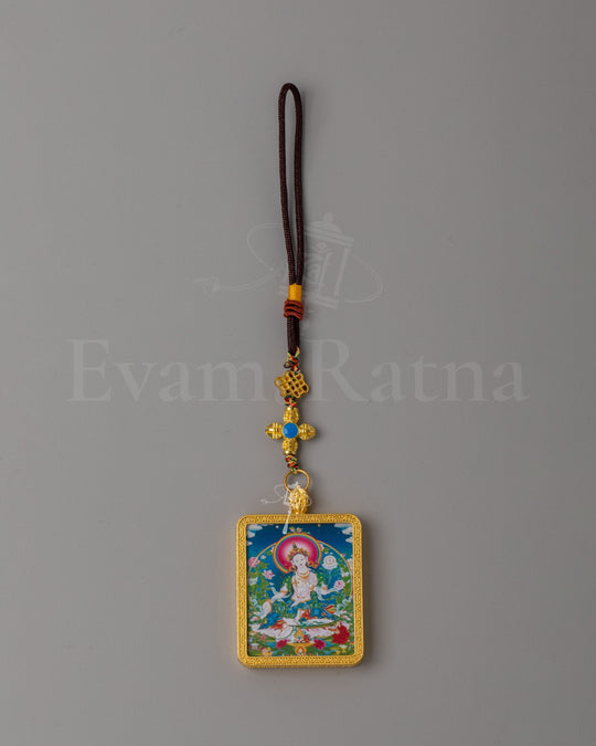 Tibetan White Tara Pendant | Buddhist Prayer Hanging with Sacred Artwork
