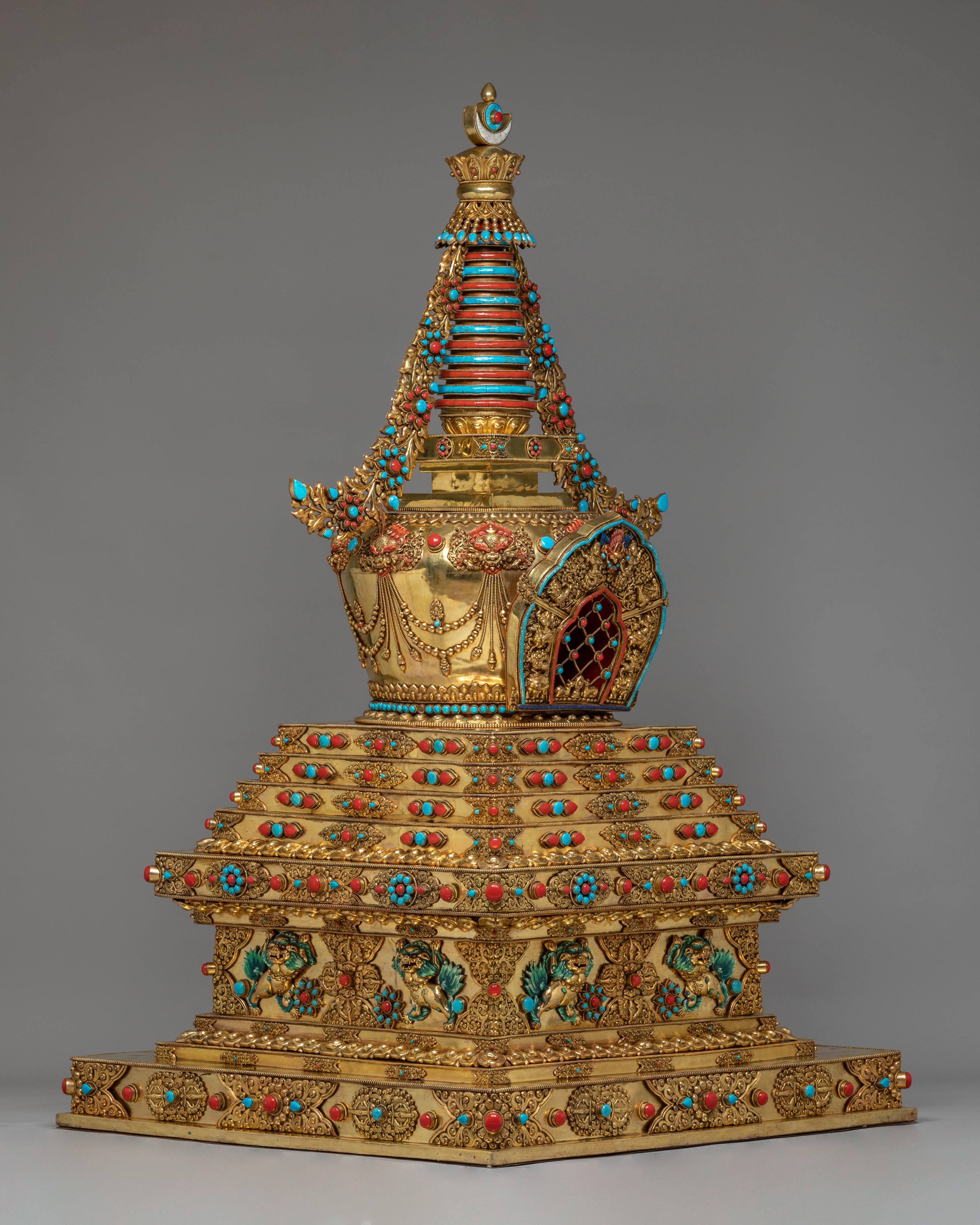 Buddhist Handcrafted Sacred Stupa | Gold-Plated Copper with Coral & Turquoise
