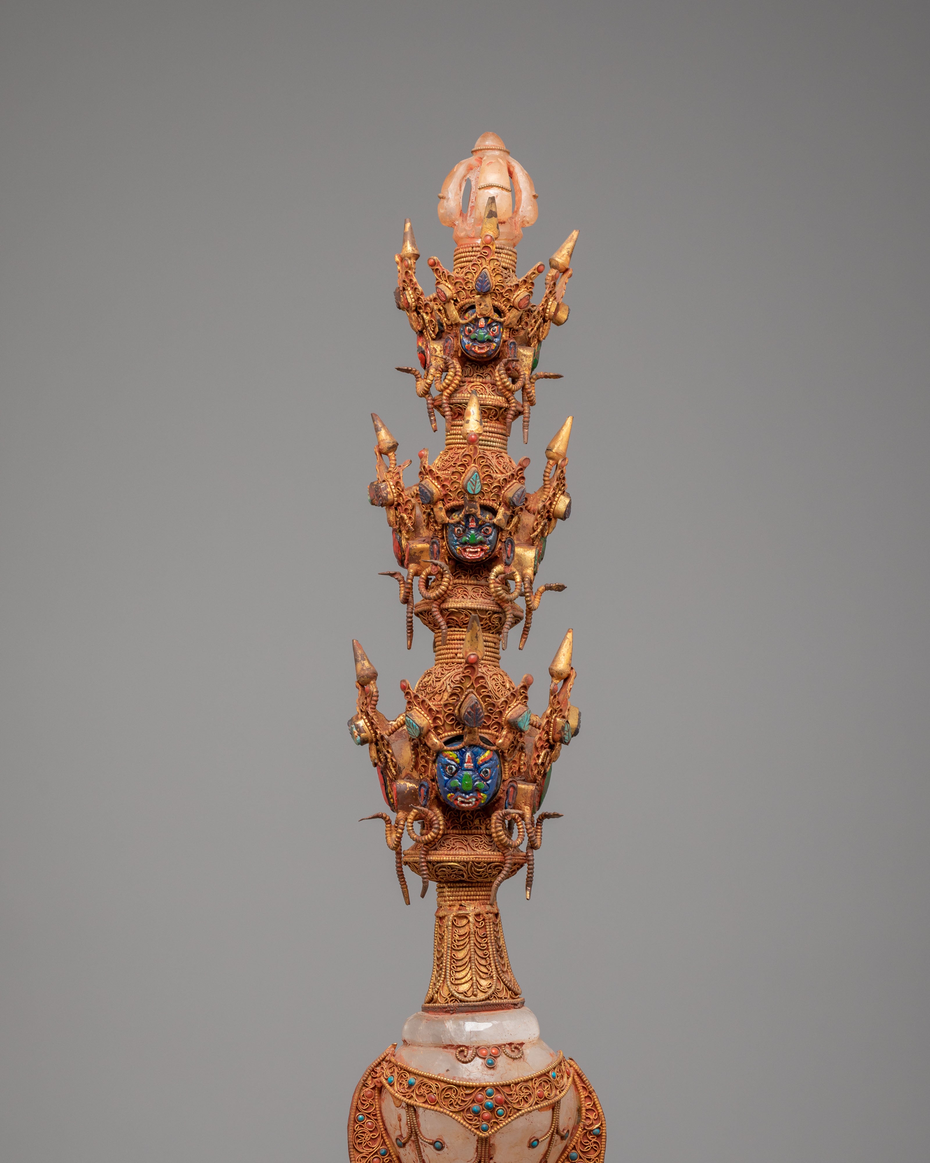 Scared Buddhist Ritual Dagger | Gold Plated Copper Filigree Phurba