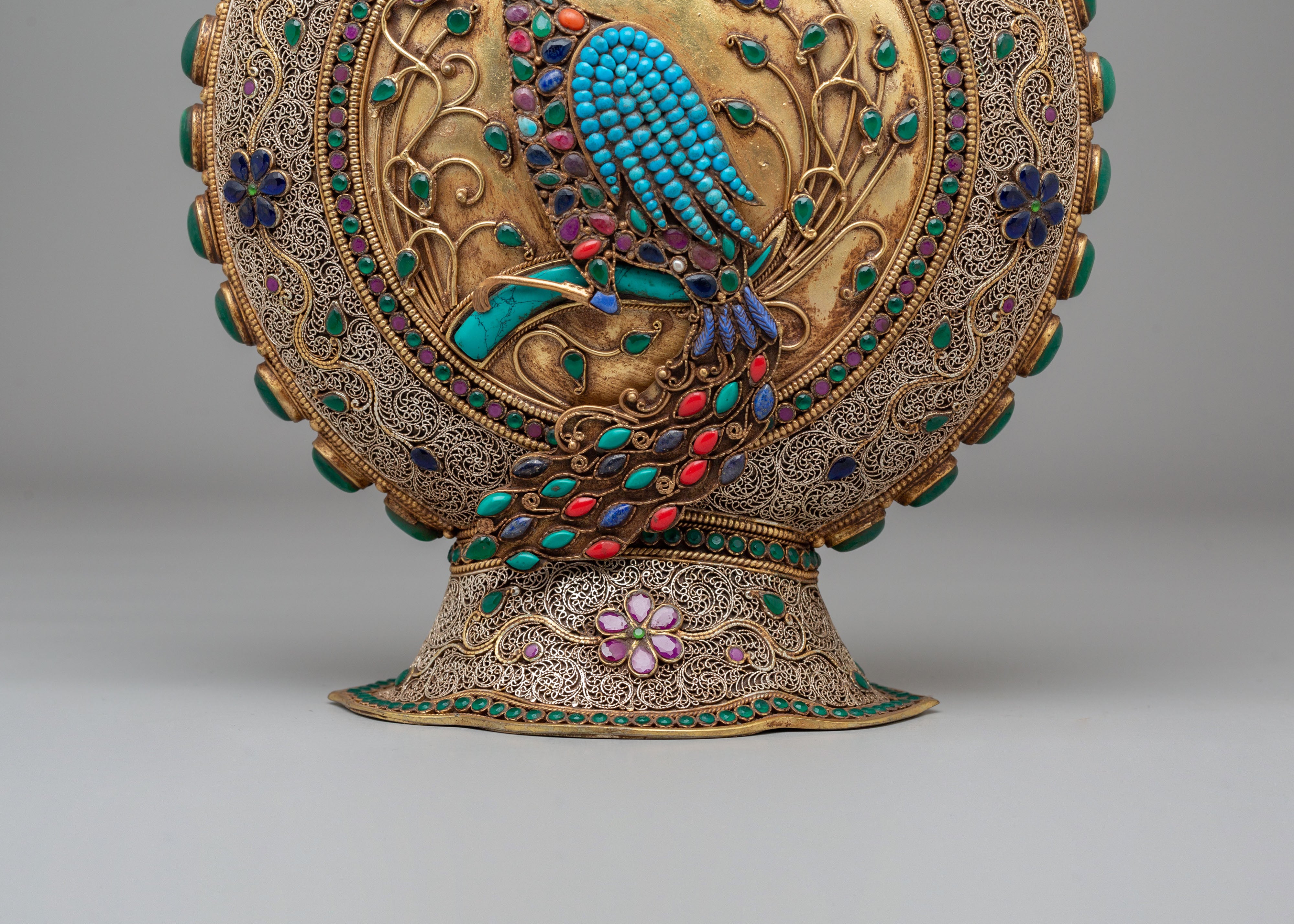 Handcrafted Snuffpot With Peacock Design | Copper Silver Artwork