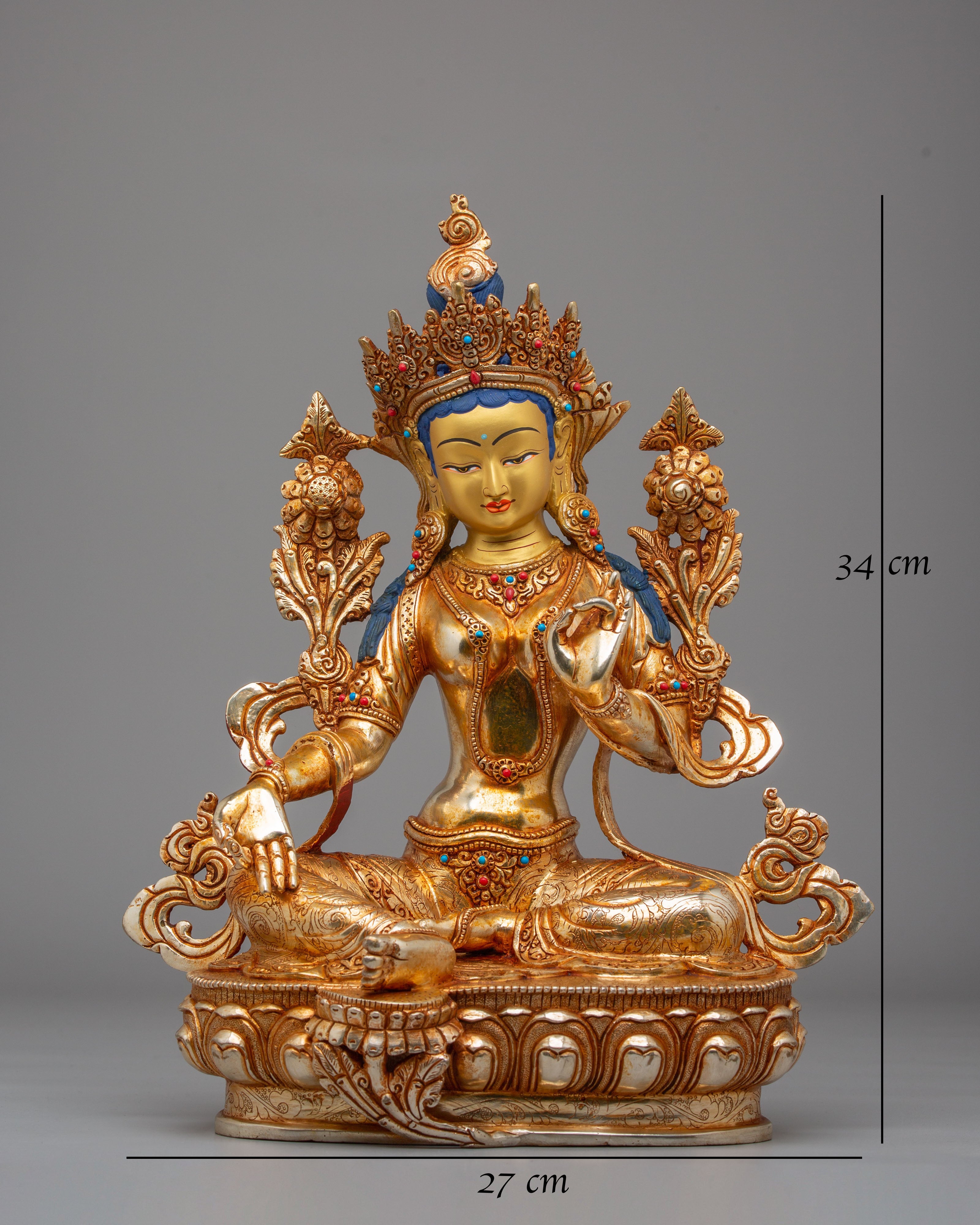 Handcrafted Green Tara Altar Sculpture | 24K Gold Plated Copper Statue