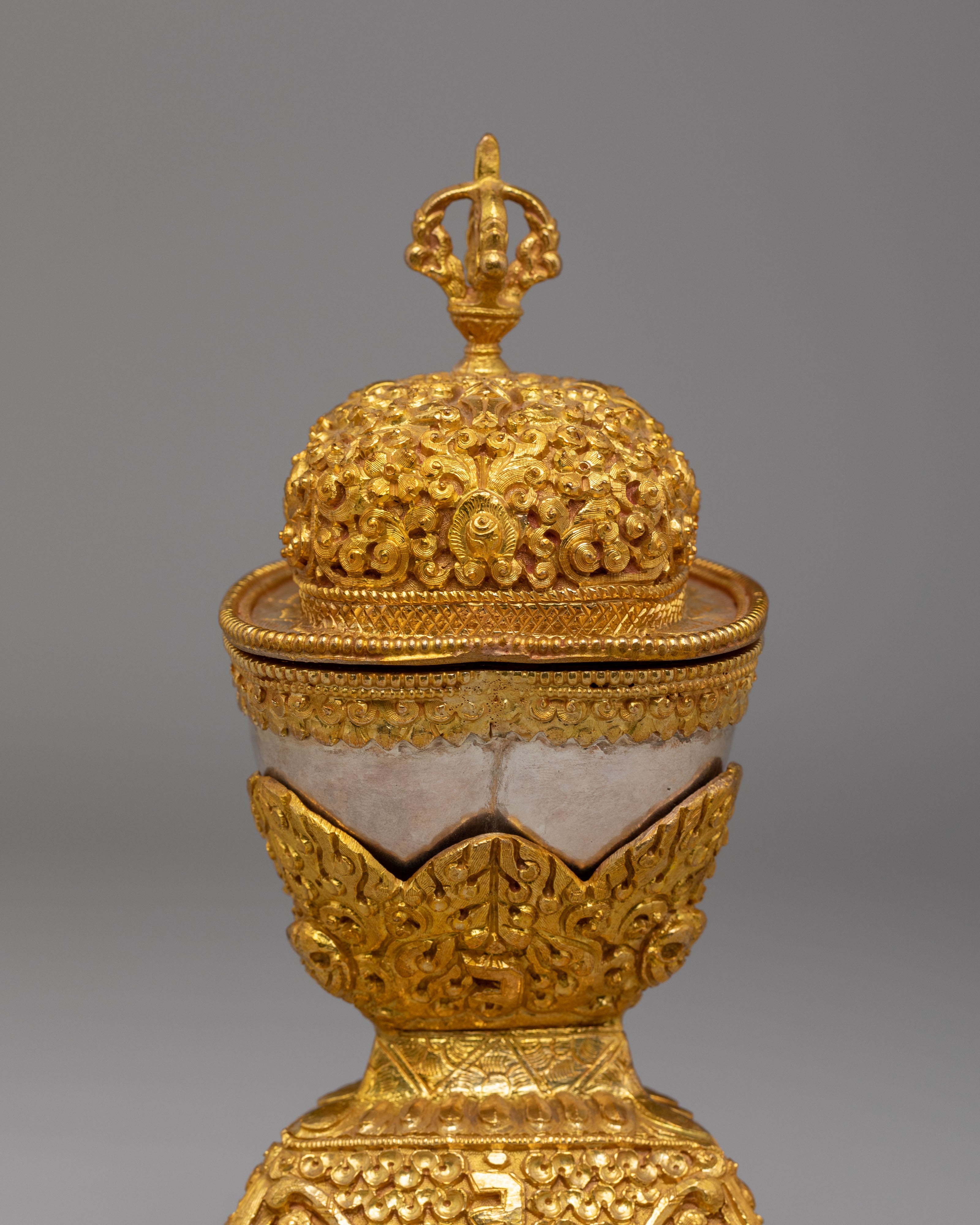 Spiritual Handcrafted Ritual Kapala Set | Gold & Silver Plated Tibetan Vessels