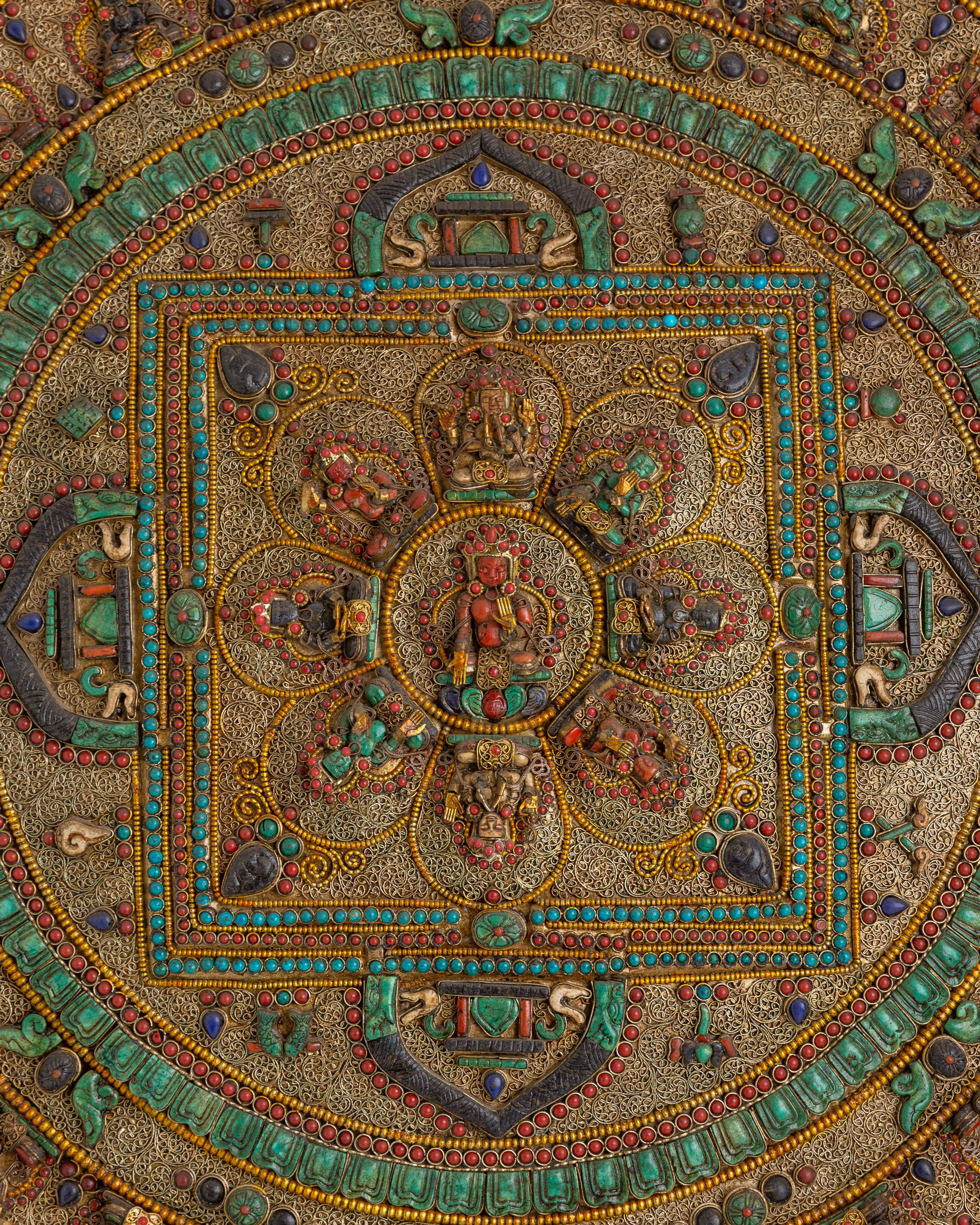 Mandala Wall Hanging with Deities | Silver Plated Gemstone Sacred Artwork