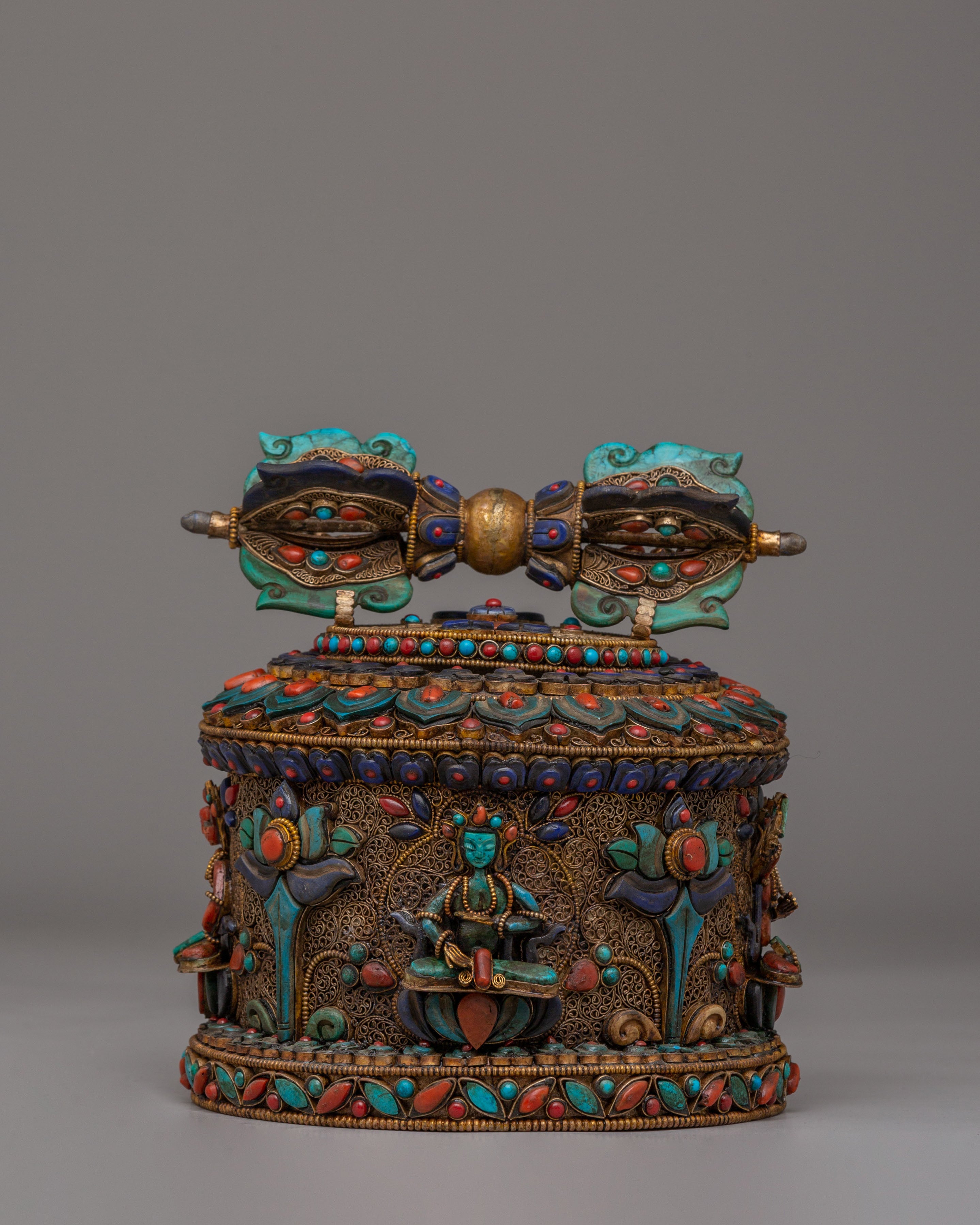 Tibetan Vajra with Dharma Dhatu | Gemstone-Inlaid Buddhist Sacred Artwork