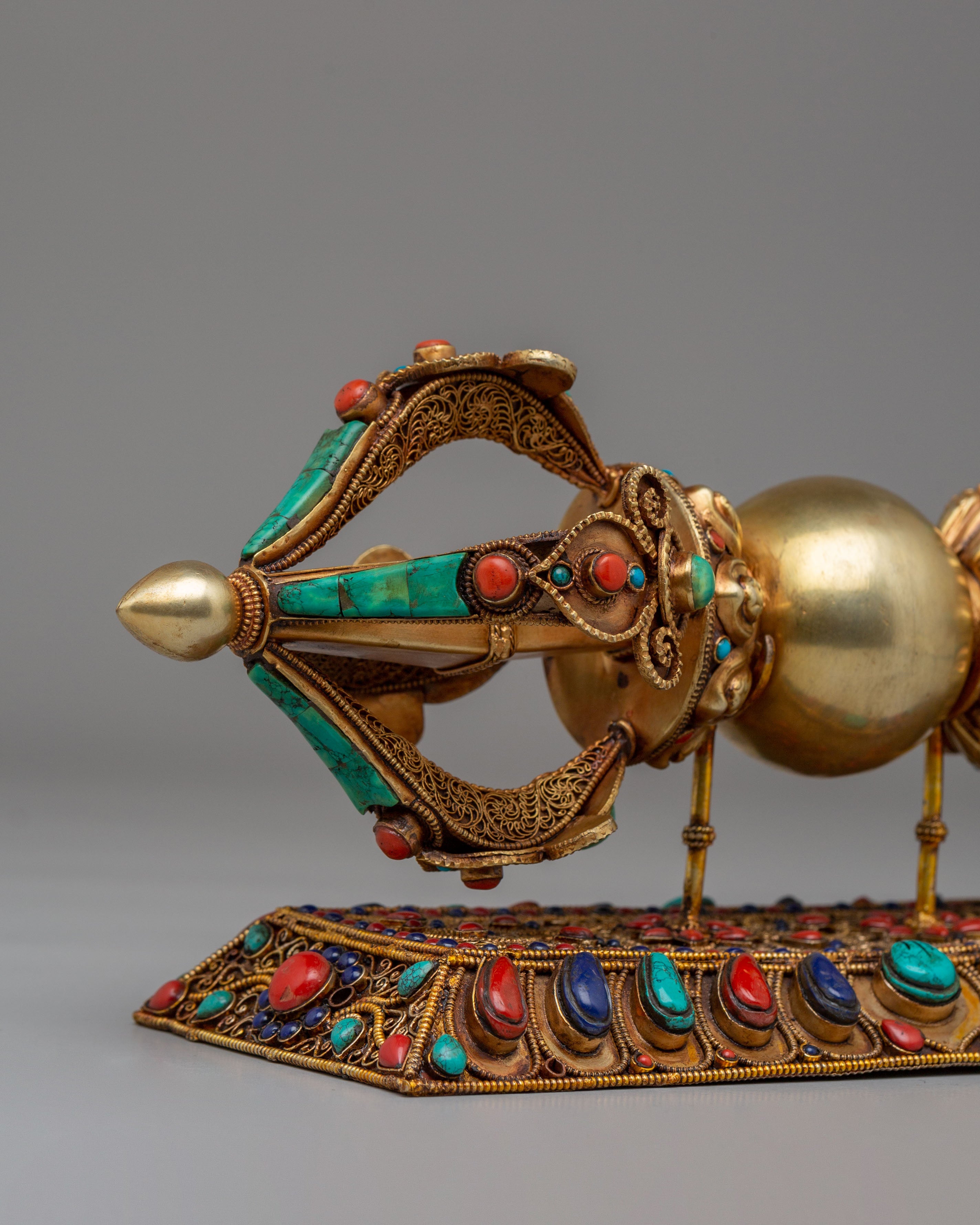 Buddhist Ritual Vajra With Stand | Copper Gemstone Dorje