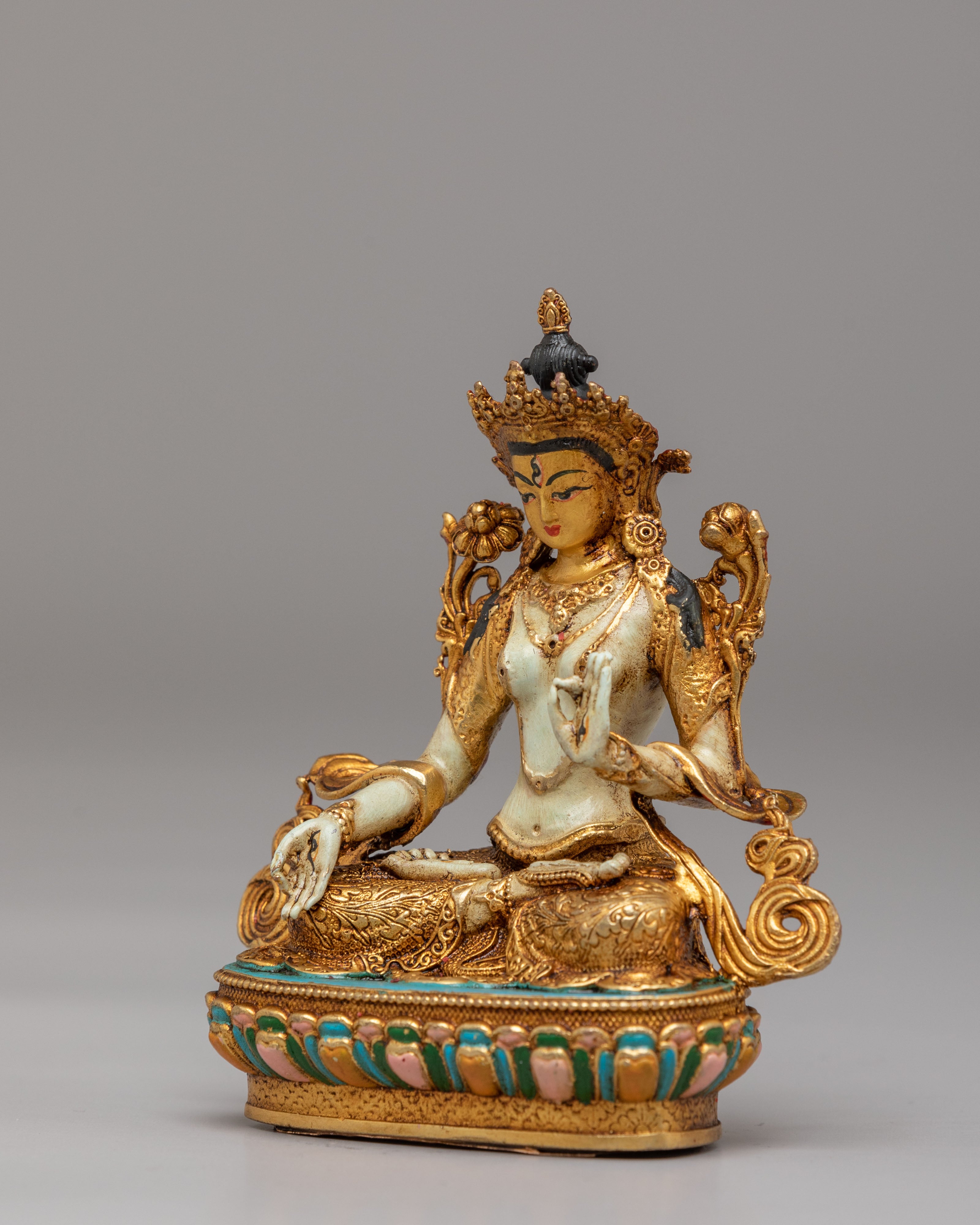 Sacred White Tara Goddess Statue | 24K Gold Plated Buddhist Healing Decor