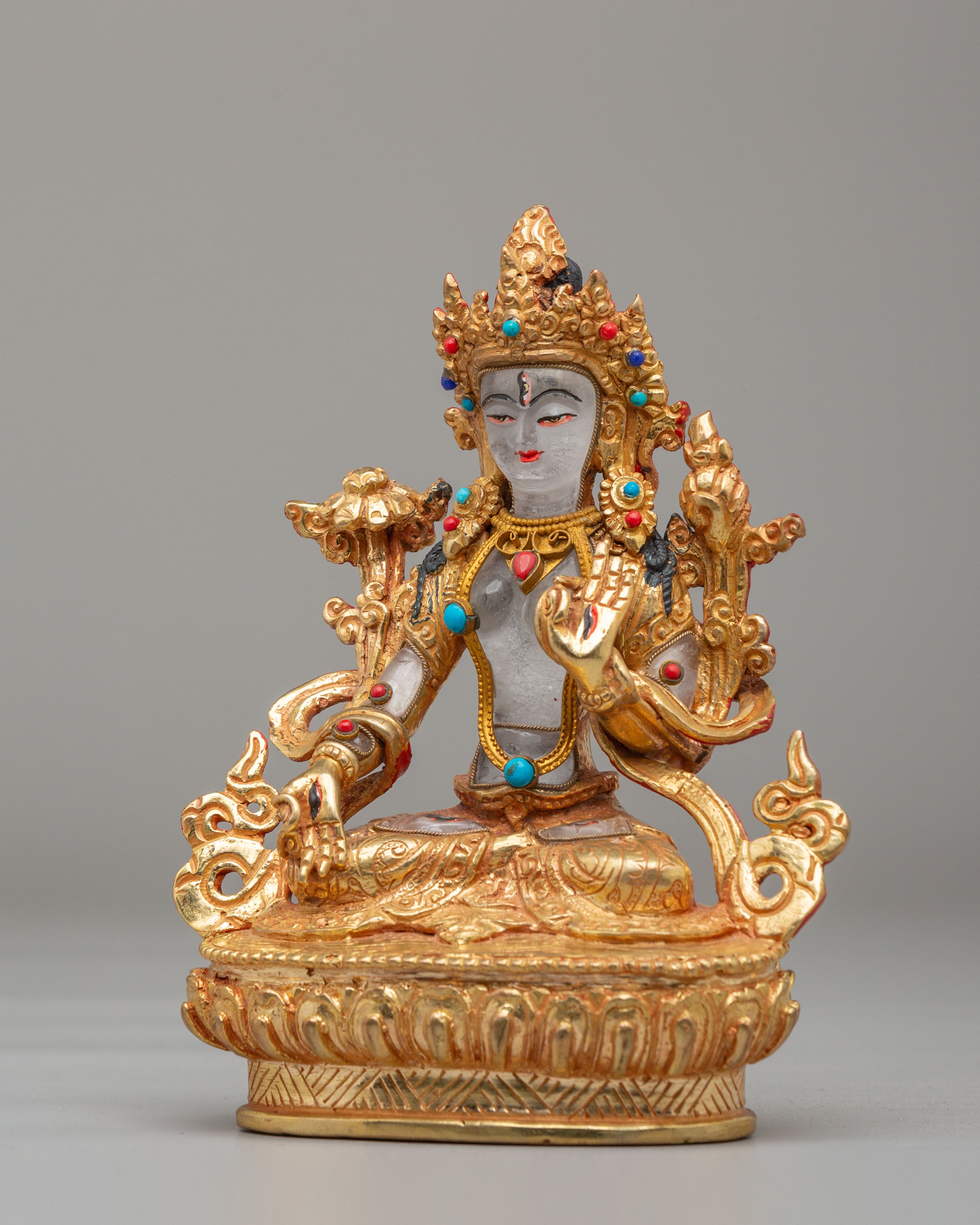 White Tara Spiritual Sculpture | Copper Buddhist Statue with Gemstone Details