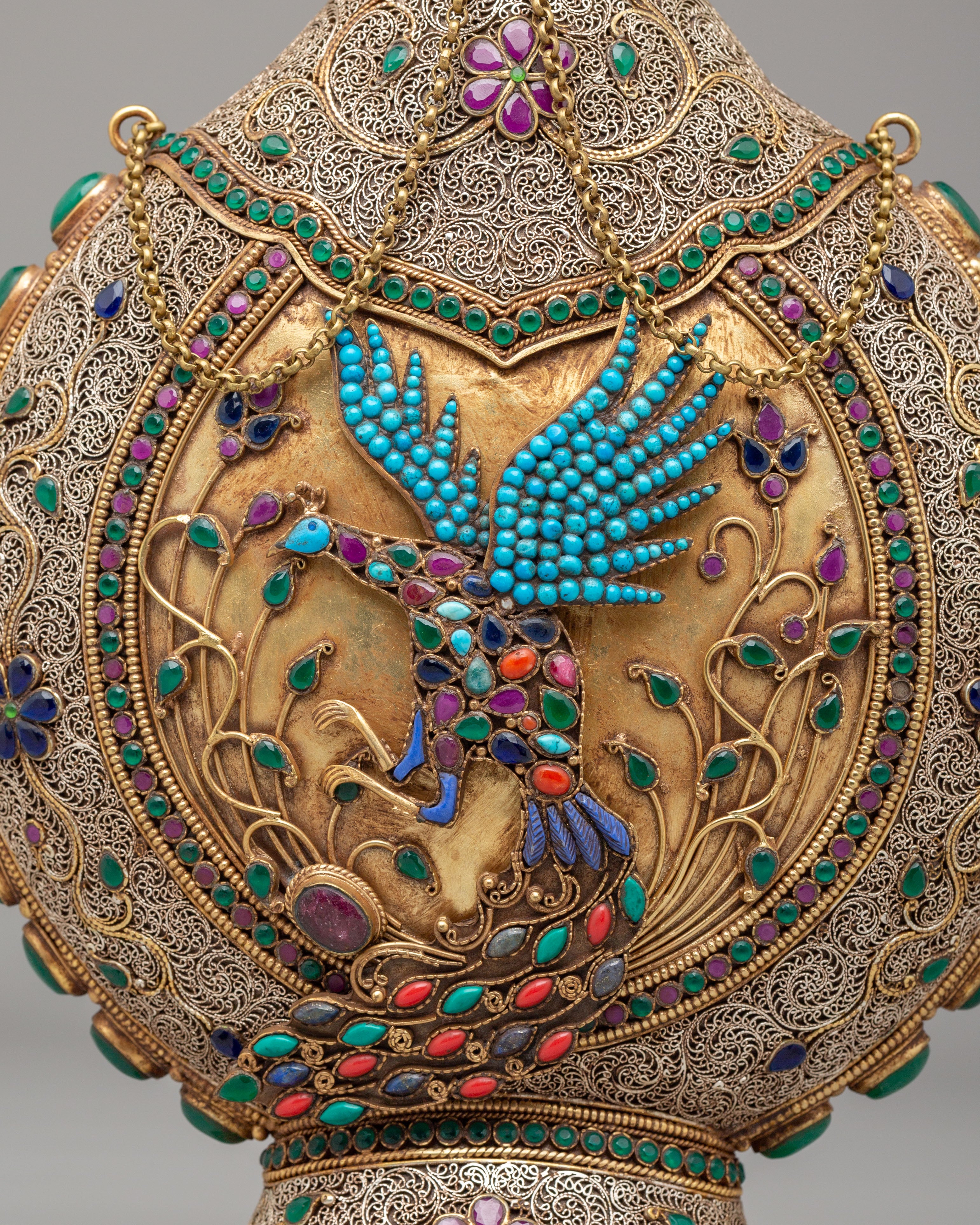 Handcrafted Snuffpot With Peacock Design | Copper Silver Artwork