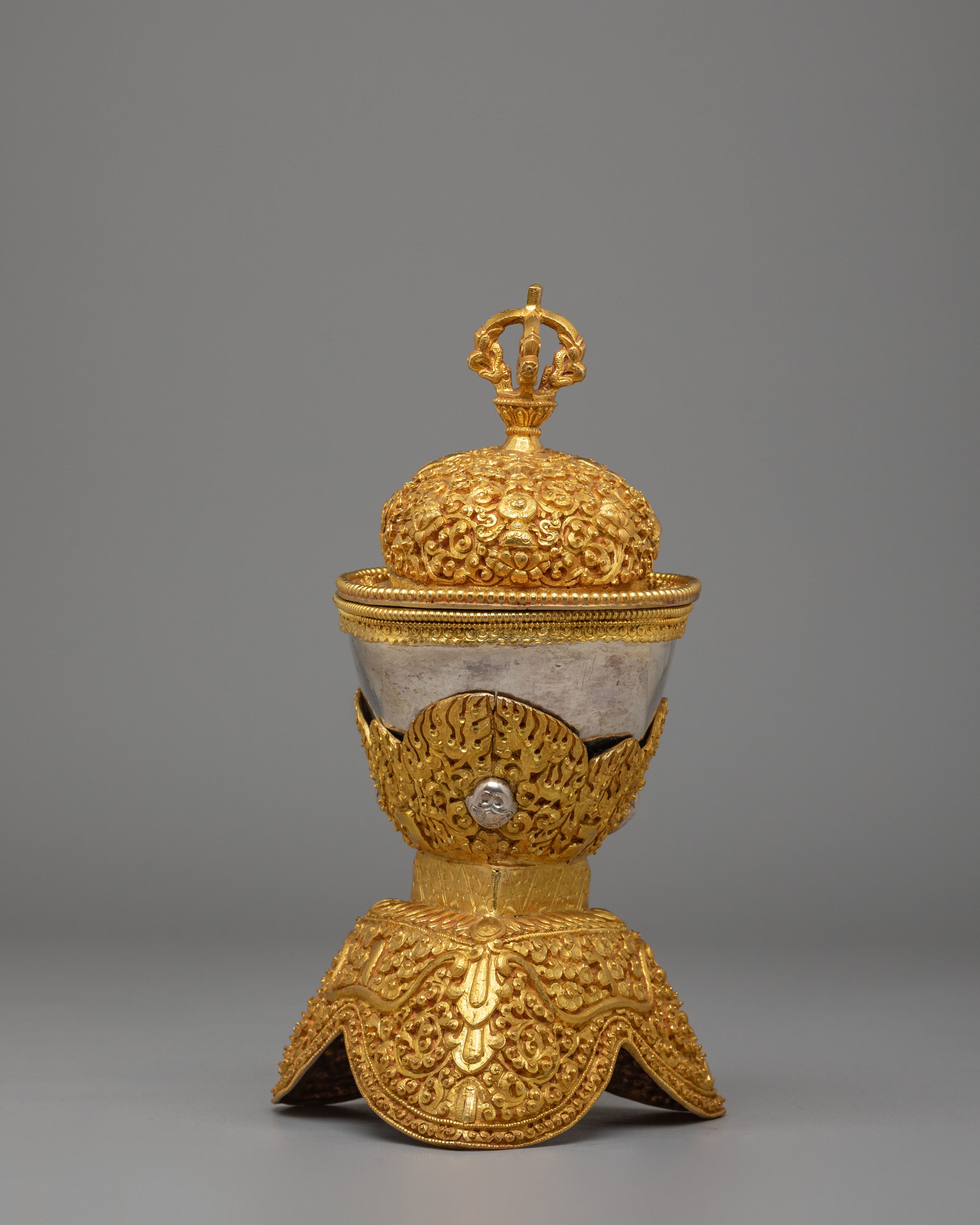 Tibetan Ritual Skull Cups for Altar | Gold and Silver Plated Kapala Set