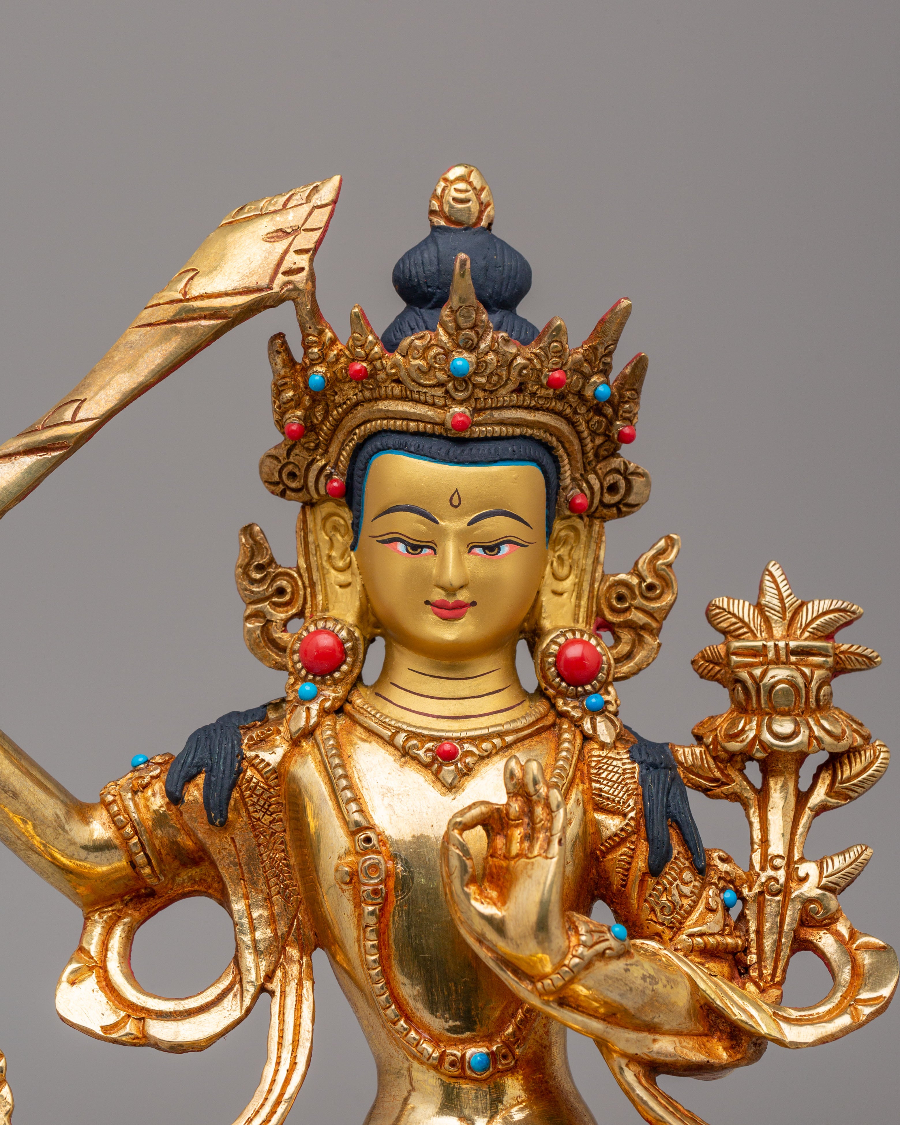 Handmade Wisdom Manjushri Statue | 24K Gold Plated Tibetan Buddhist Sculpture