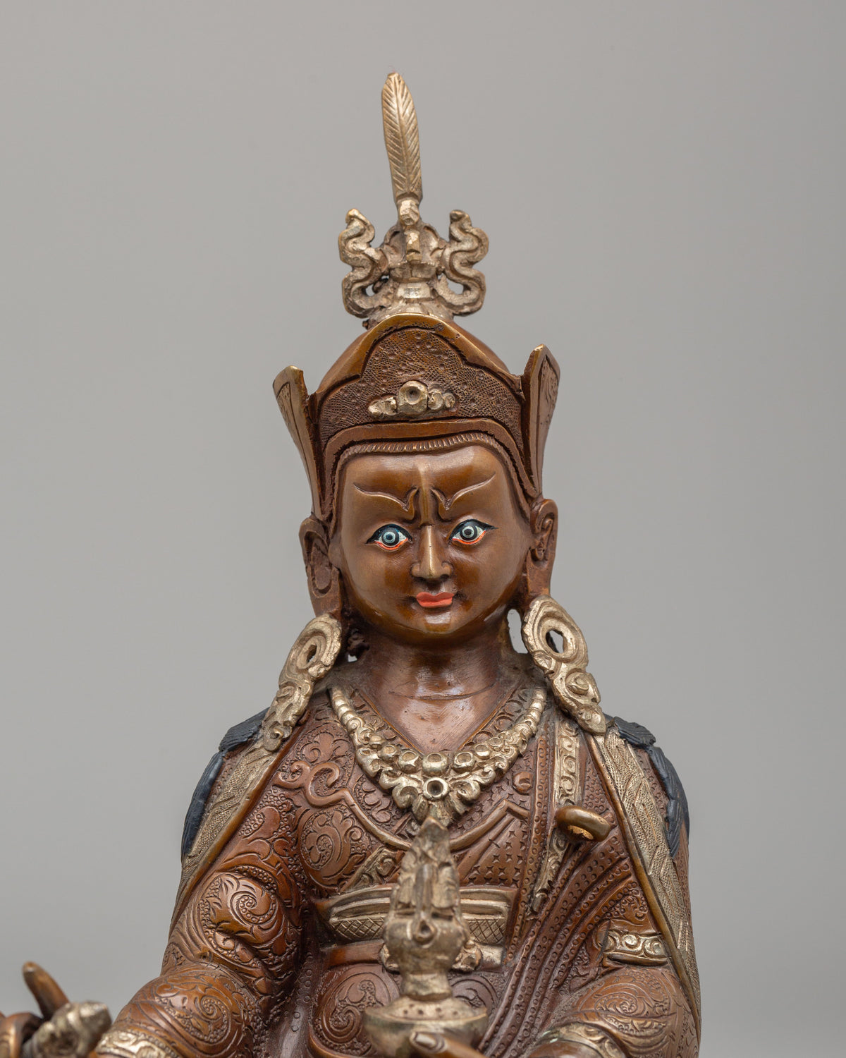 Handcrafted Ritual Guru Rinpoche Statue | Oxidized Copper Meditation Altar Sculpture