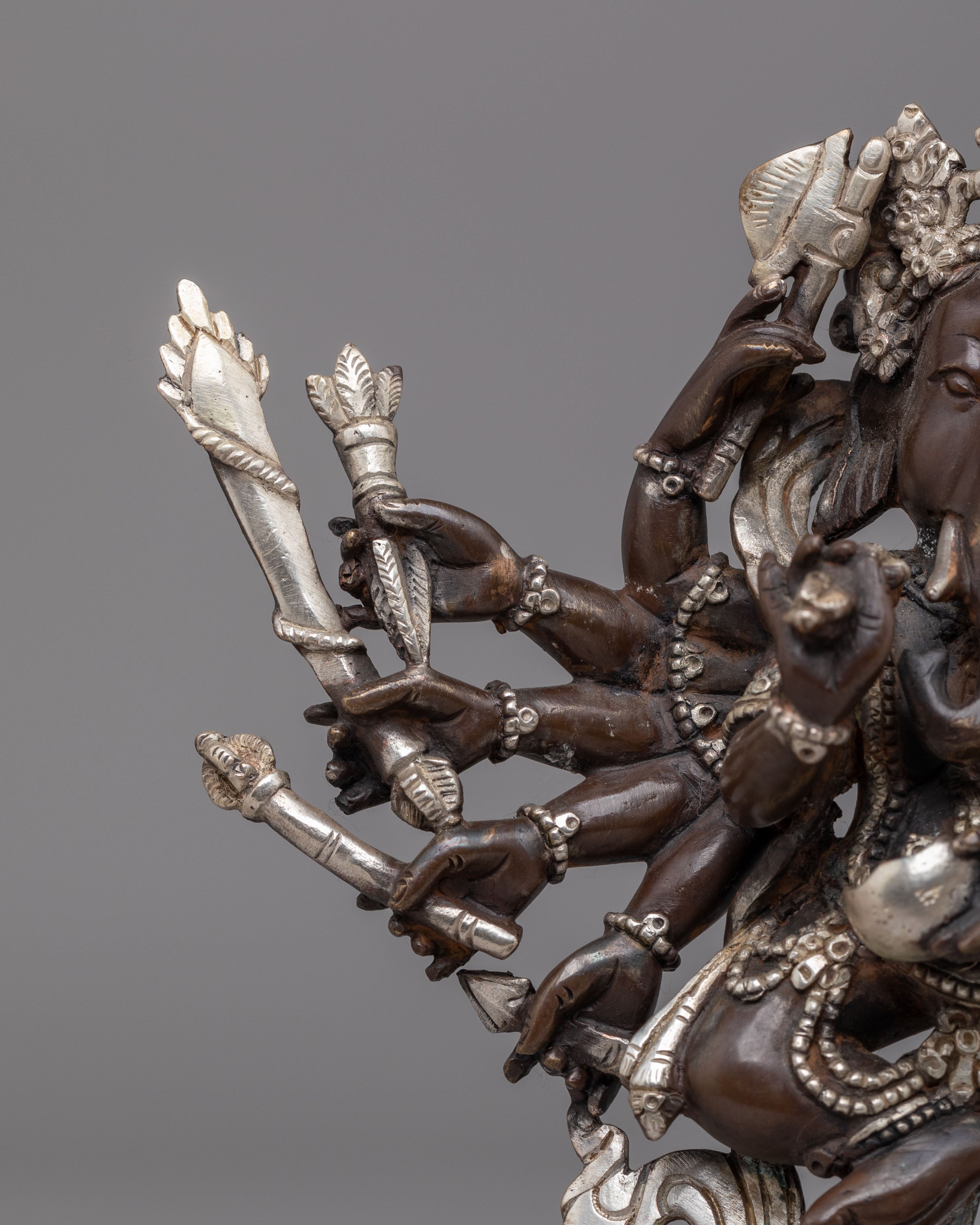 12-Armed Maha Rakta Ganesha Statue | Silver Plated Copper Deity