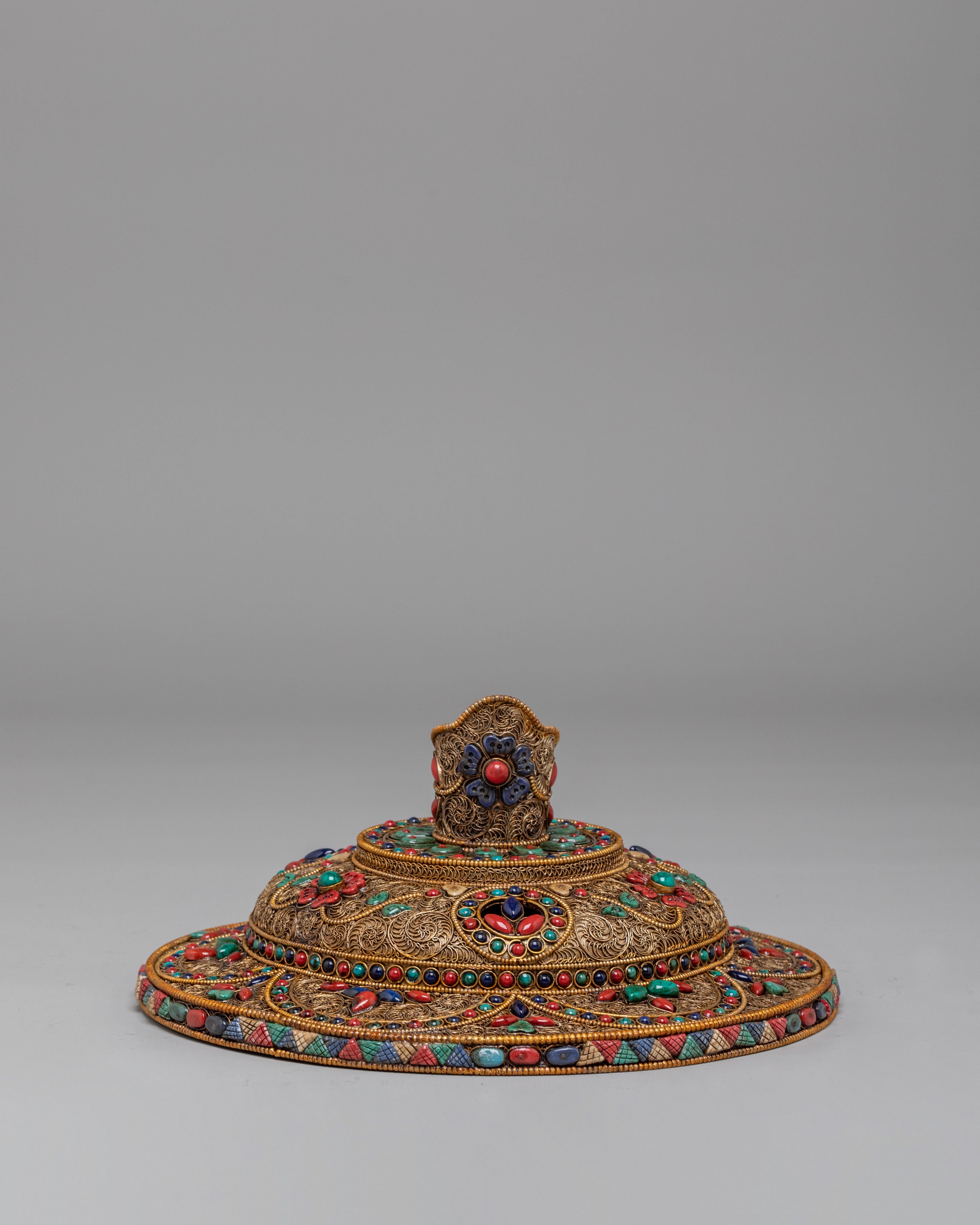 Buddhist Altar Butter Lamp Set | Gemstone Inlaid Copper Offering Lamps
