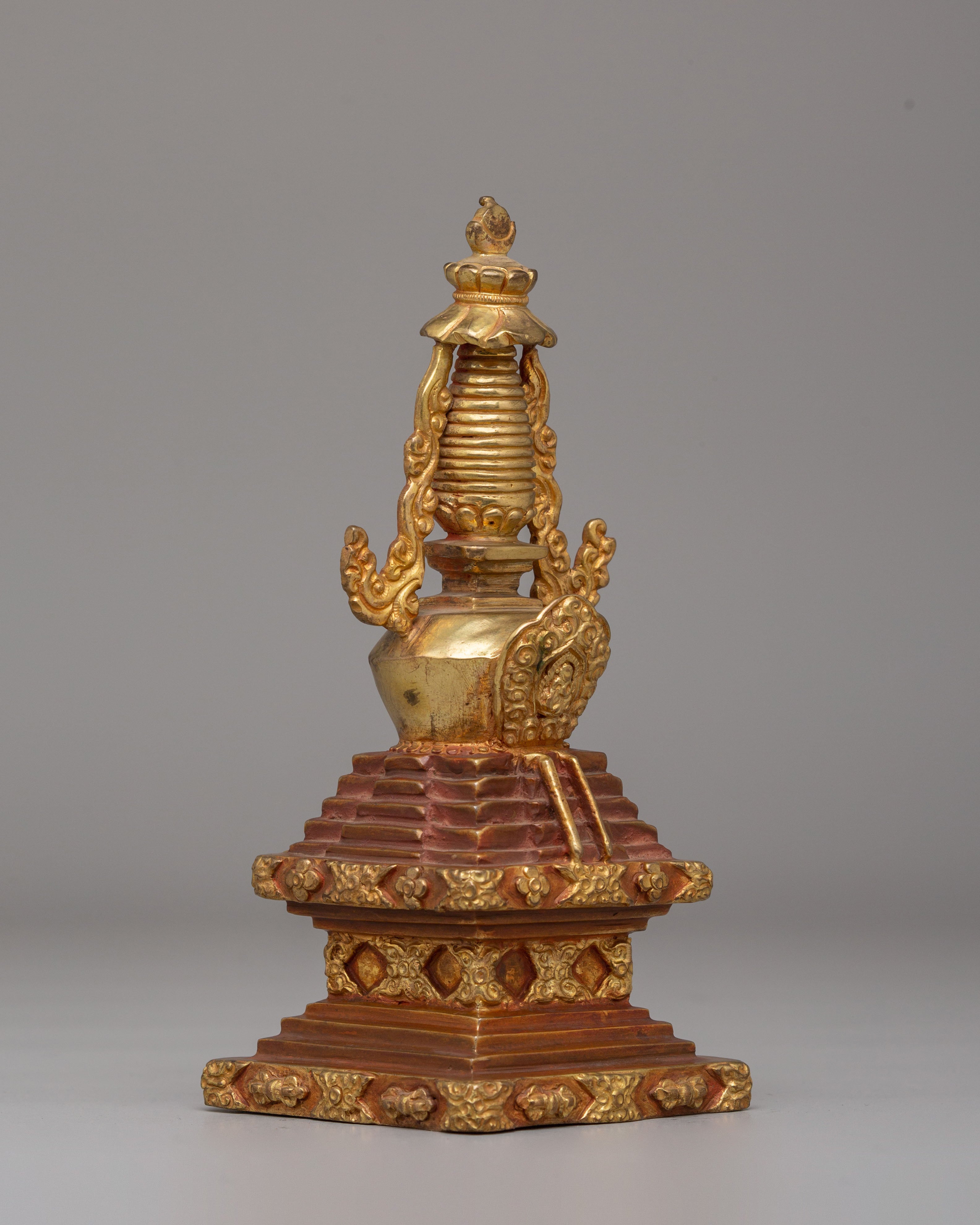 Handmade Descent from Heaven Stupa | Gold Plated Tibetan Stupa for Meditation