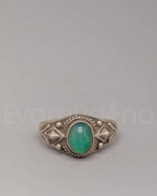 Silver Handcrafted Ring | Natural Green Zircon with Ornamental Silverwork