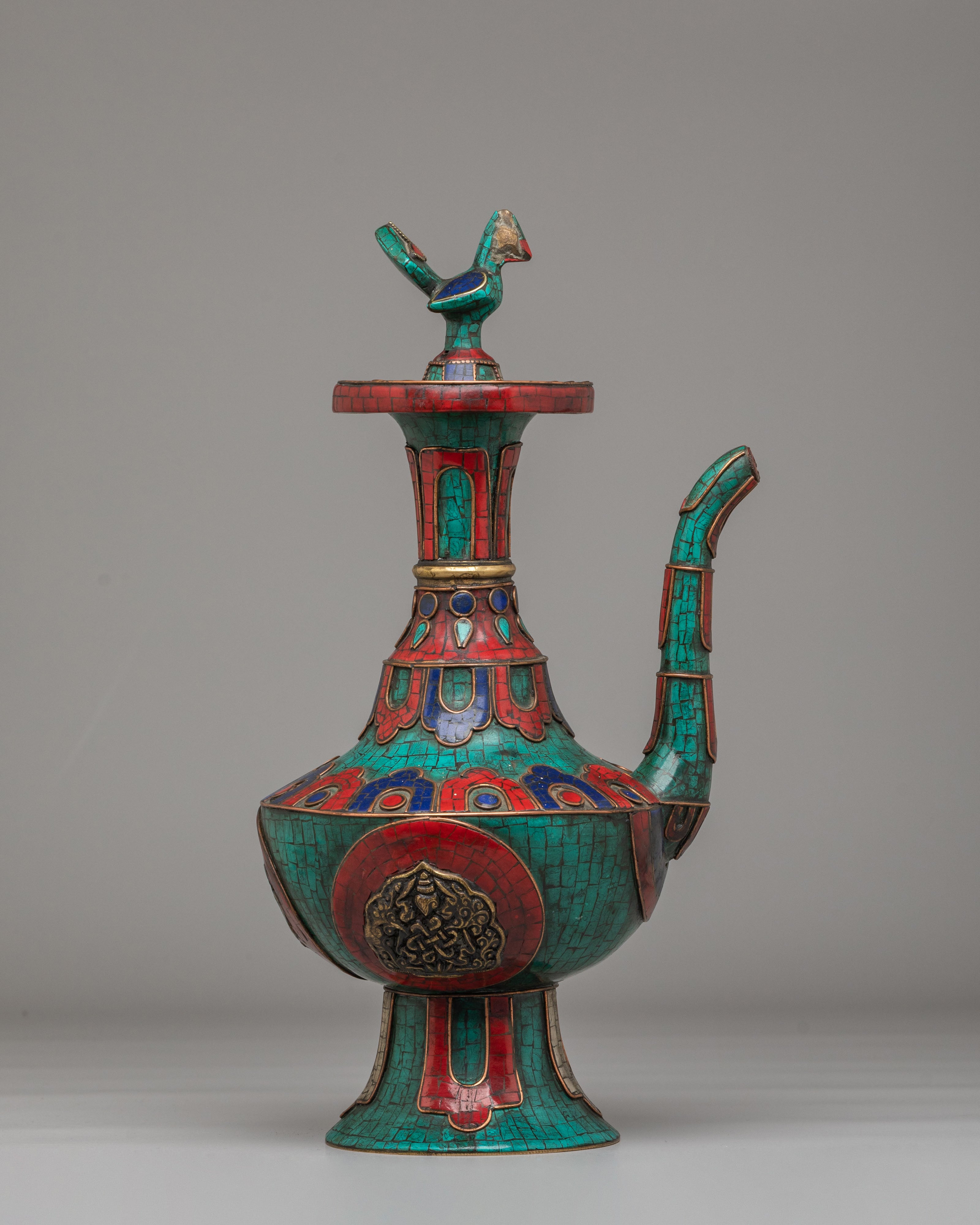 Sacred Tibetan Teapot With Bird Design | Handcrafted Copper Pot
