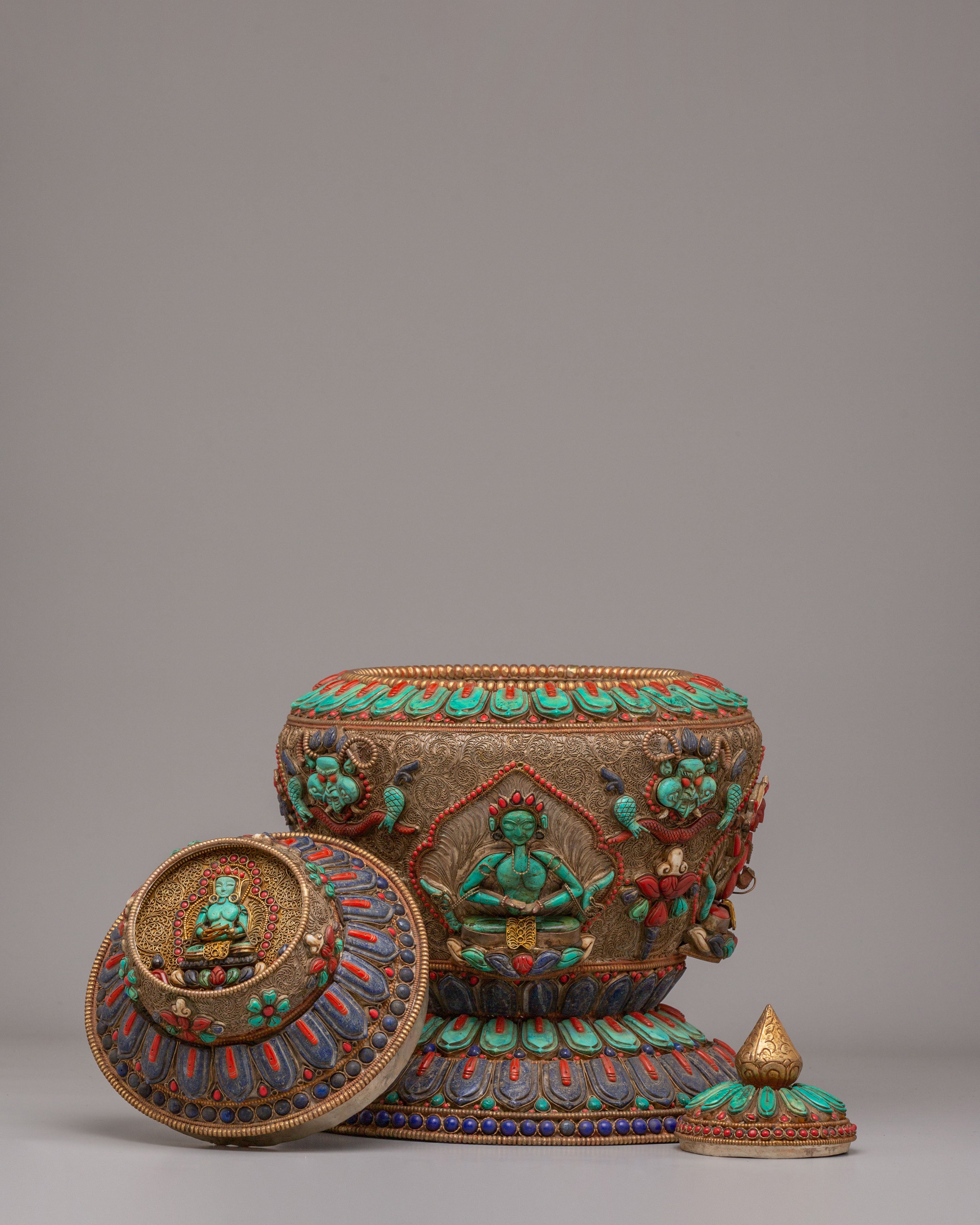 Dhupur Tibetan Rice Pot | Copper Body with Hand-Carved Deities