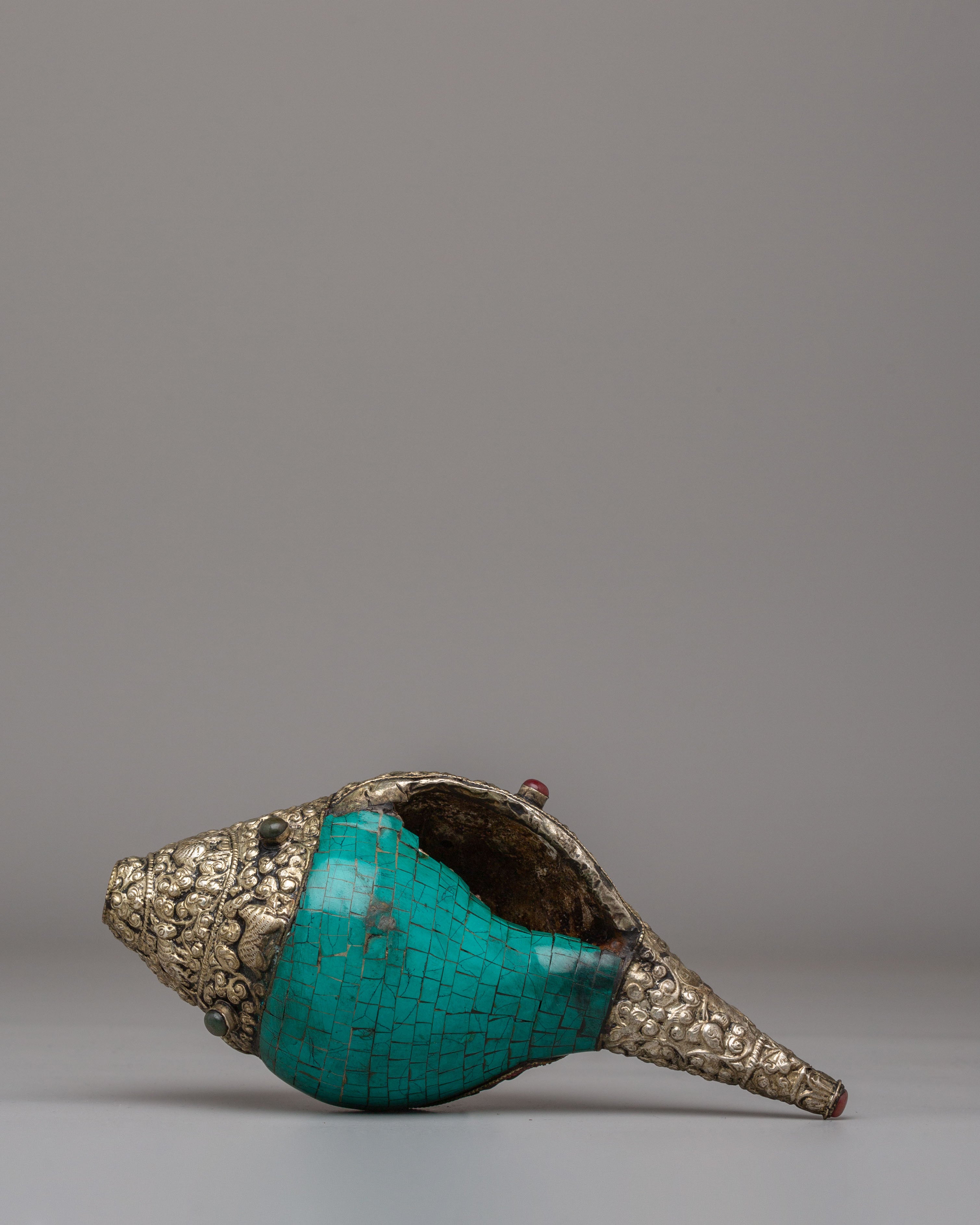 Handmade Tibetan Conch | Gemstone & Coral Inlay