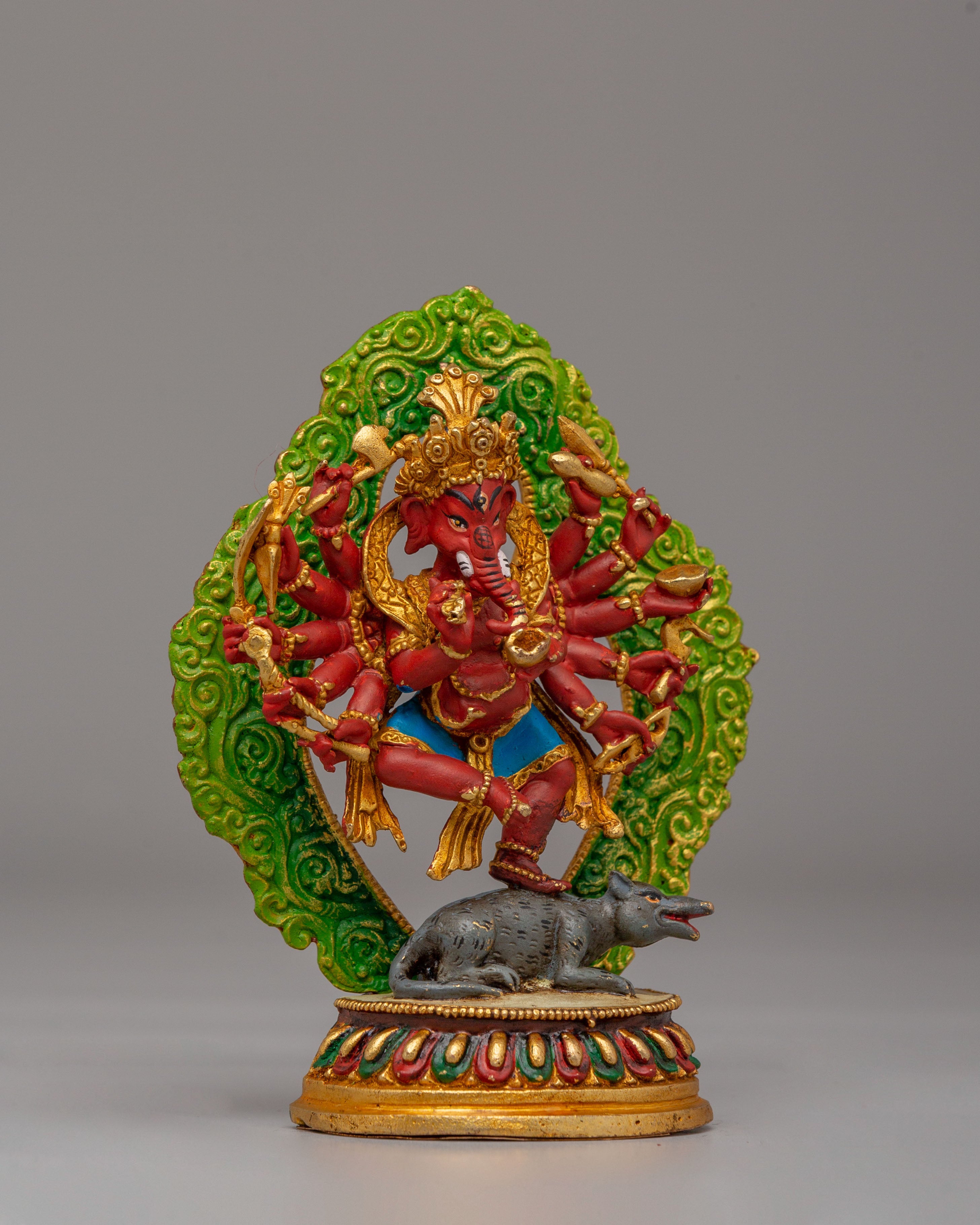 Sacred 12-Armed Maha Rakta Ganesha Statue | Multi-Armed Hindu Deity