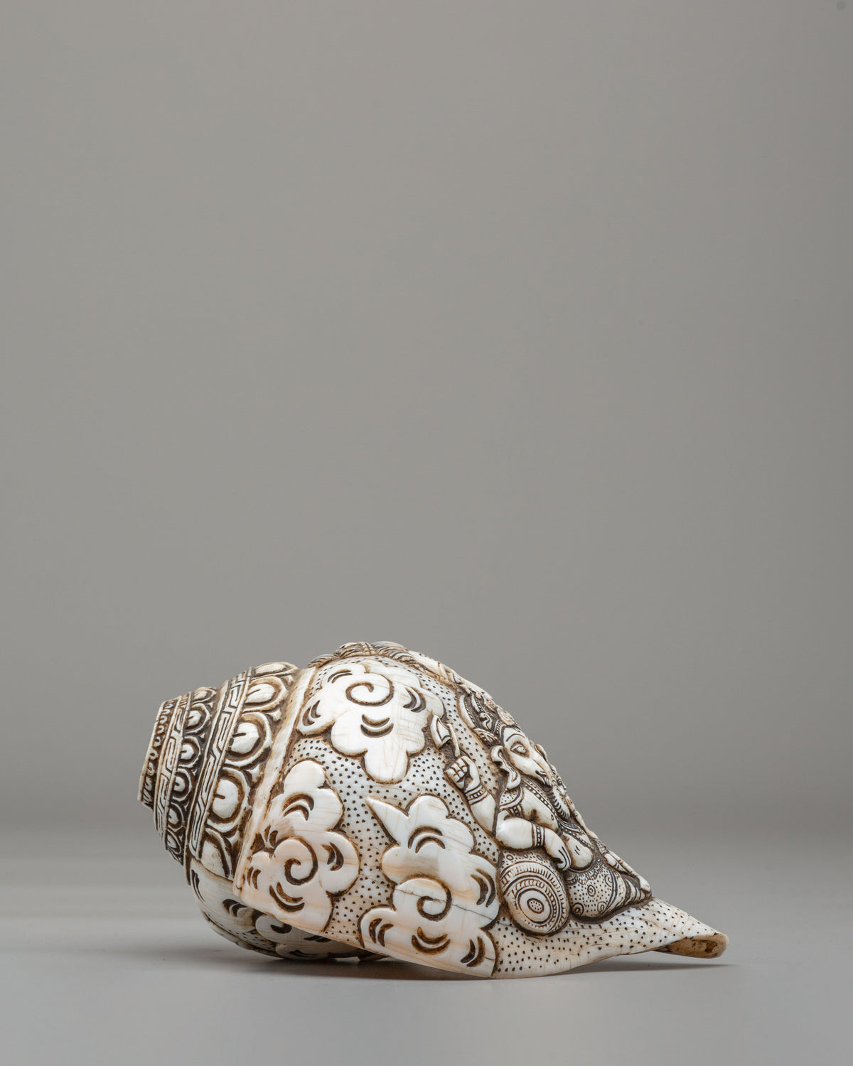 Shiva Family Carved Conch | Hand Carved Lord Shiva Family Artwork